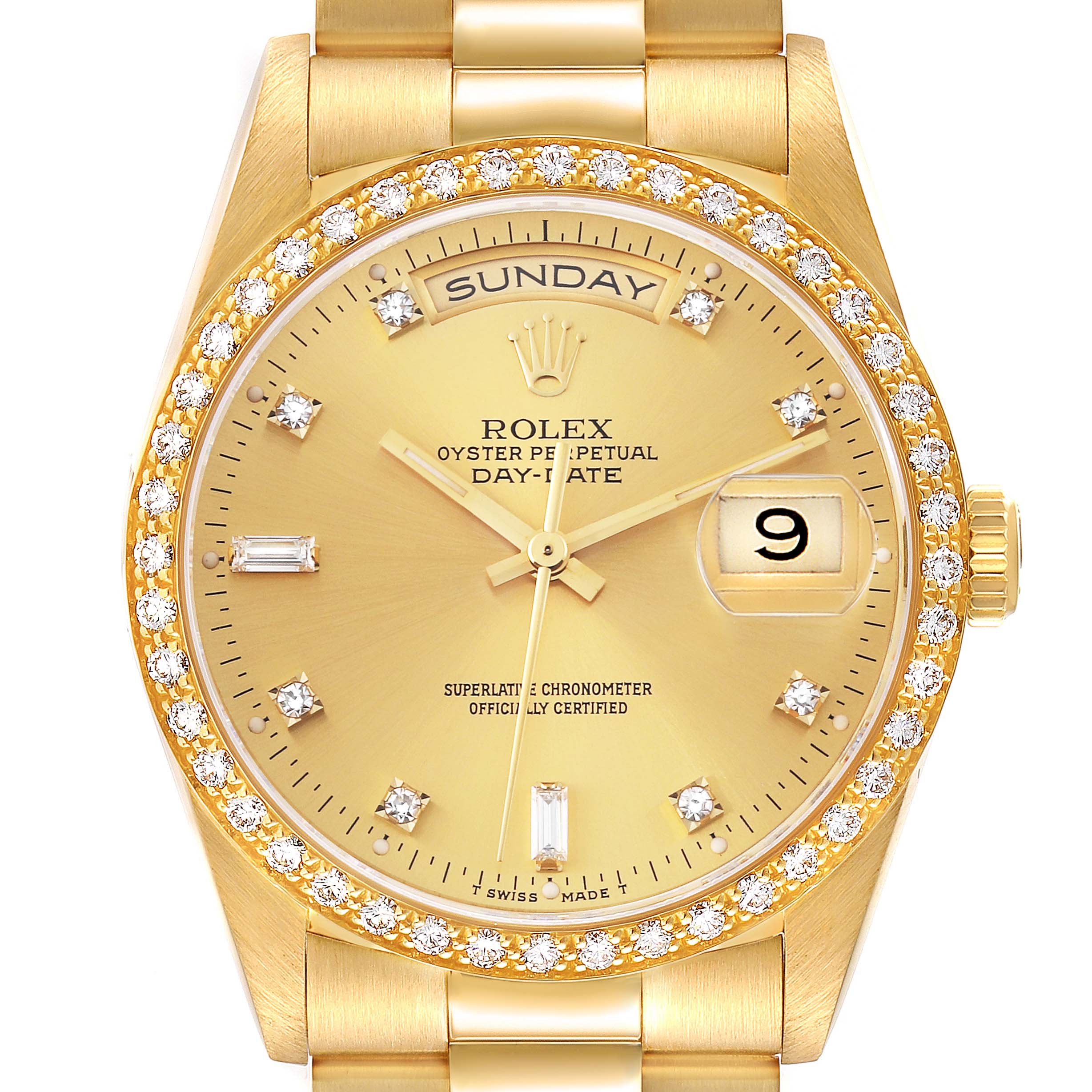 The image shows a close-up, front view of a Rolex President 18348 Men
s Yellow Gold Champagne Dial 18348 Men
s Yellow Gold Champagne Dial model watch, highlighting its dial, bezel, and part of the bracelet.