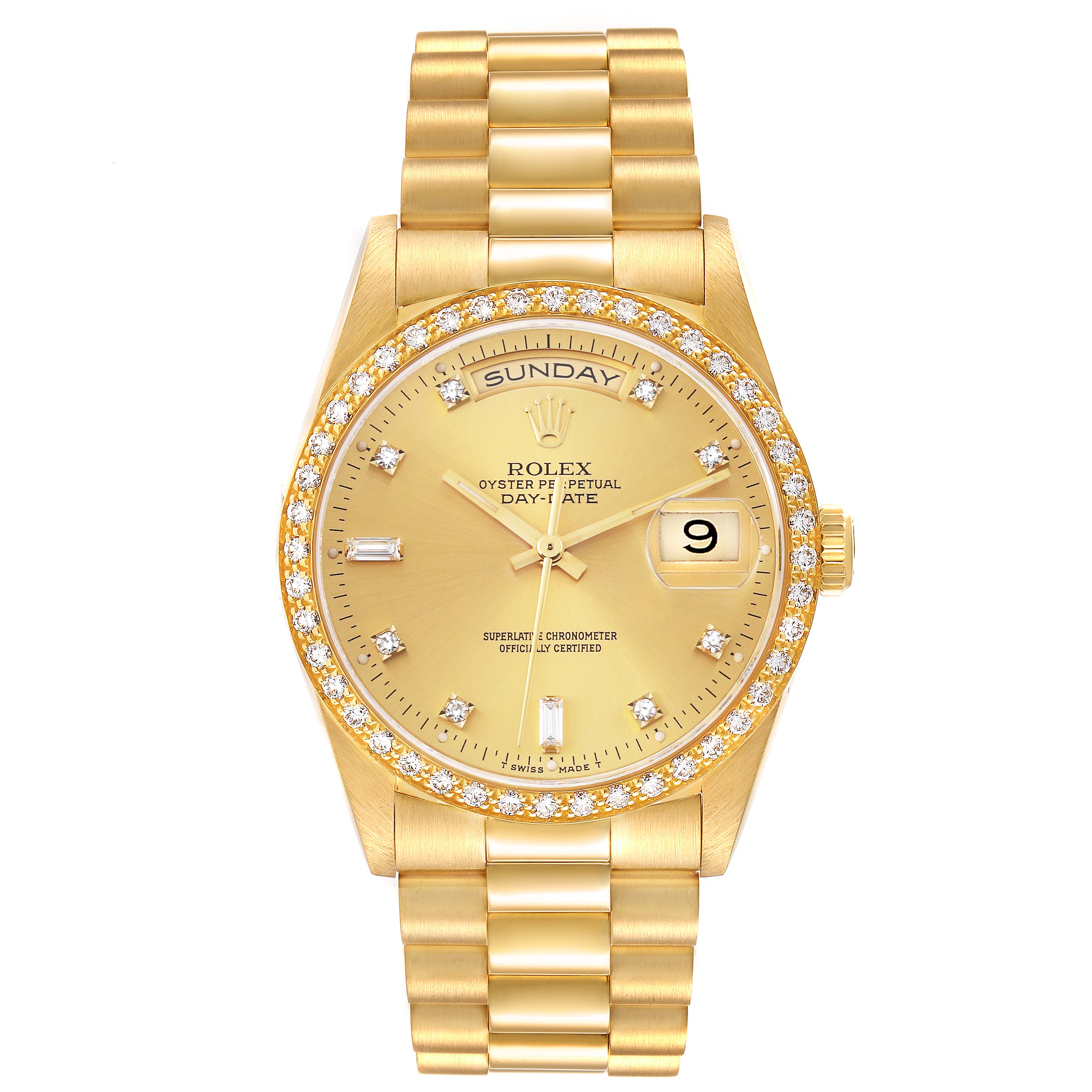 The Rolex President 18348 Men
s Yellow Gold Champagne Dial 18348 Men
s Yellow Gold Champagne Dial model watch is shown from the front, highlighting the gold bracelet, diamond bezel, and dial with date and day windows.