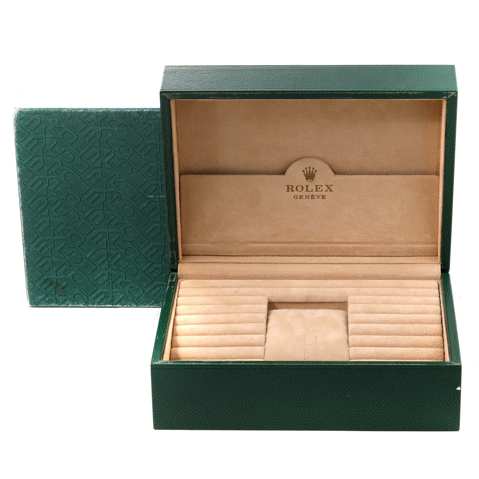 This image shows an open, empty Rolex President 18348 Men
s Yellow Gold Champagne Dial 18348 Men
s Yellow Gold Champagne Dial watch box from a frontal angle.