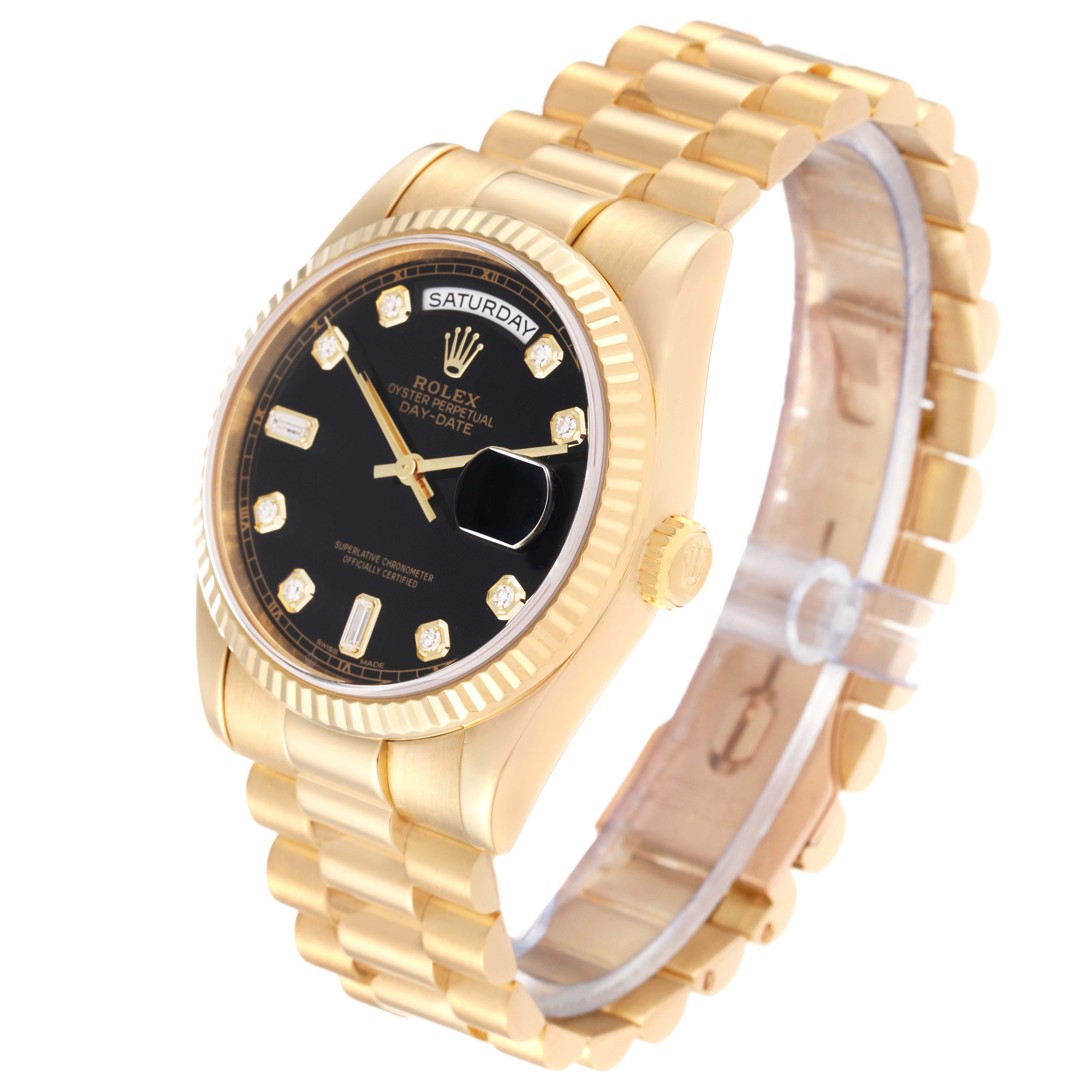 The Rolex President 118238A Men's Yellow Gold Black Dial 118238A Men's Yellow Gold Black Dial model is shown at a three-quarter angle, highlighting the watch face, bracelet, and side crown.