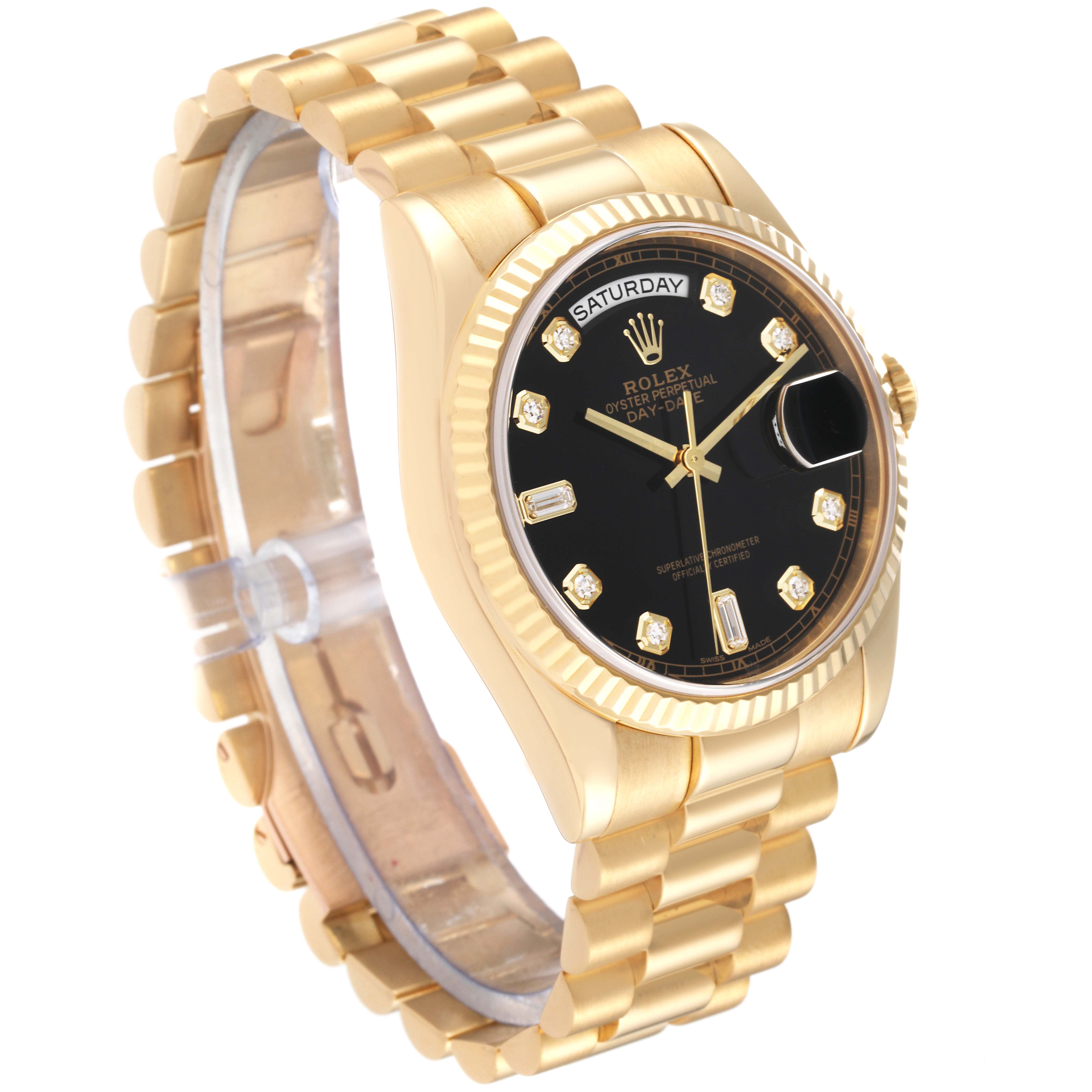 This image shows a Rolex President 118238A Men's Yellow Gold Black Dial 118238A Men's Yellow Gold Black Dial model watch at a slight angle, highlighting its gold bracelet, black dial, and diamond hour markers.