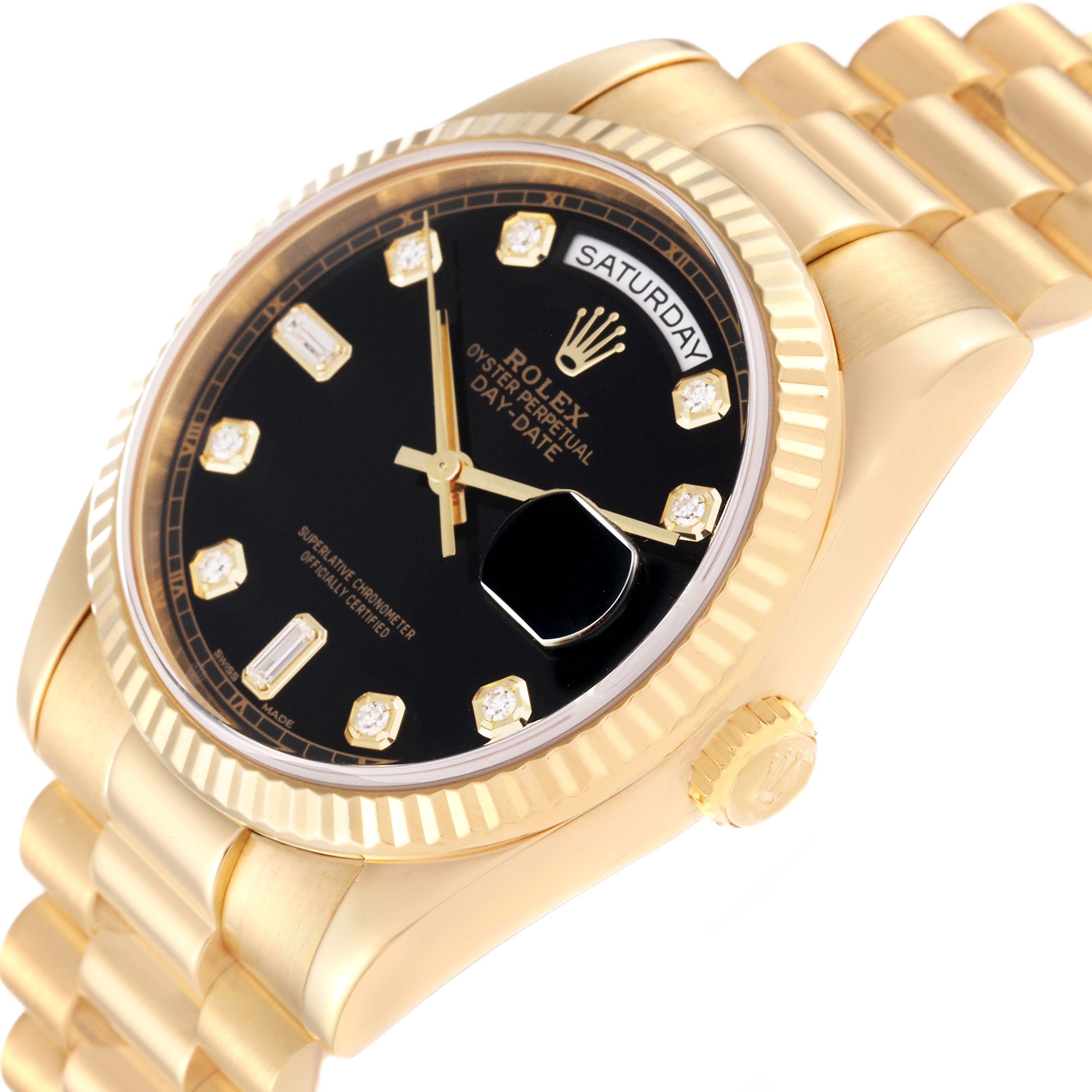 This image shows a Rolex President 118238A Men's Yellow Gold Black Dial 118238A Men's Yellow Gold Black Dial model watch at an angle displaying the face, bezel, crown, and part of the bracelet.