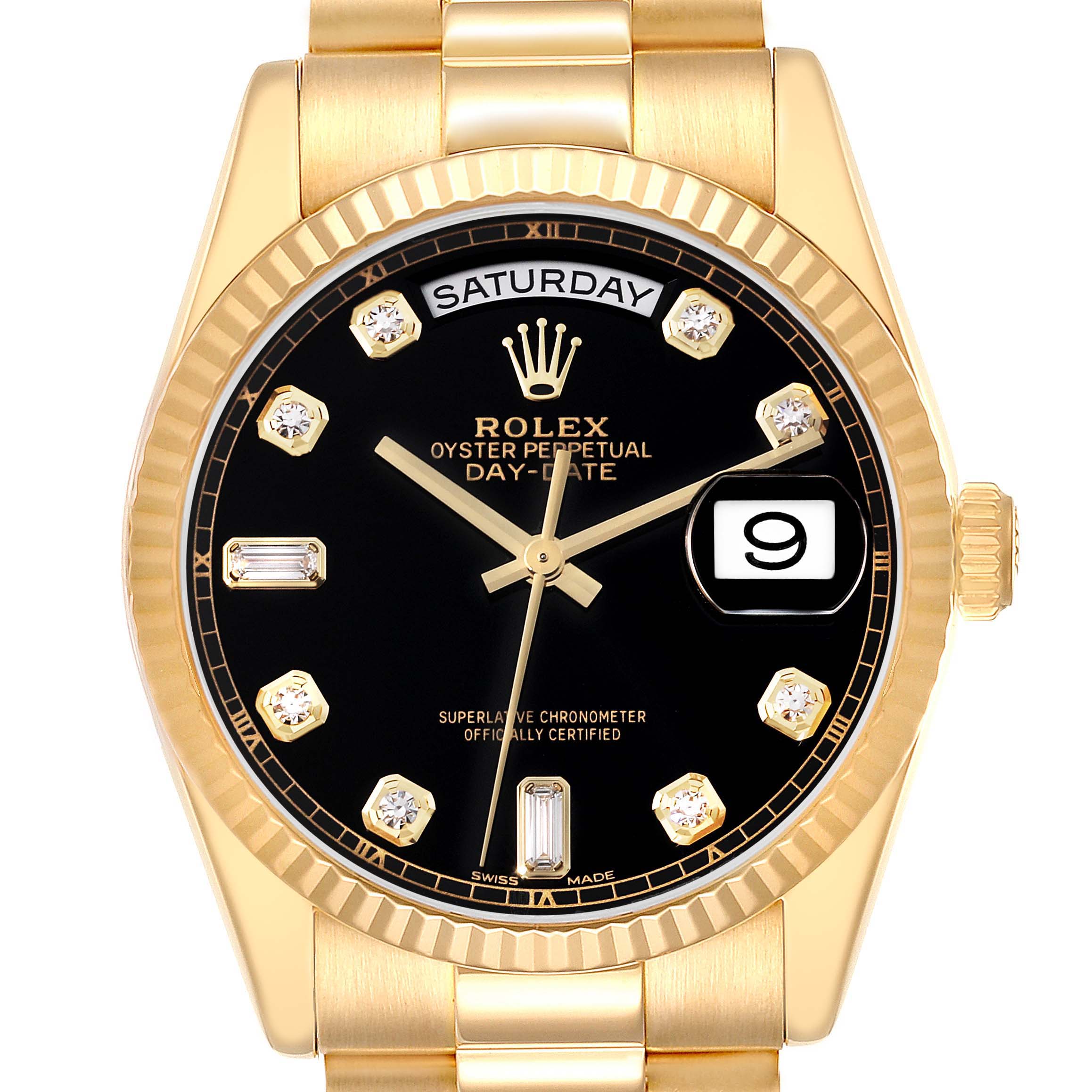 This image shows a frontal view of the Rolex President 118238A Men's Yellow Gold Black Dial 118238A Men's Yellow Gold Black Dial Day-Date watch, highlighting the black dial, diamond hour markers, and gold case.