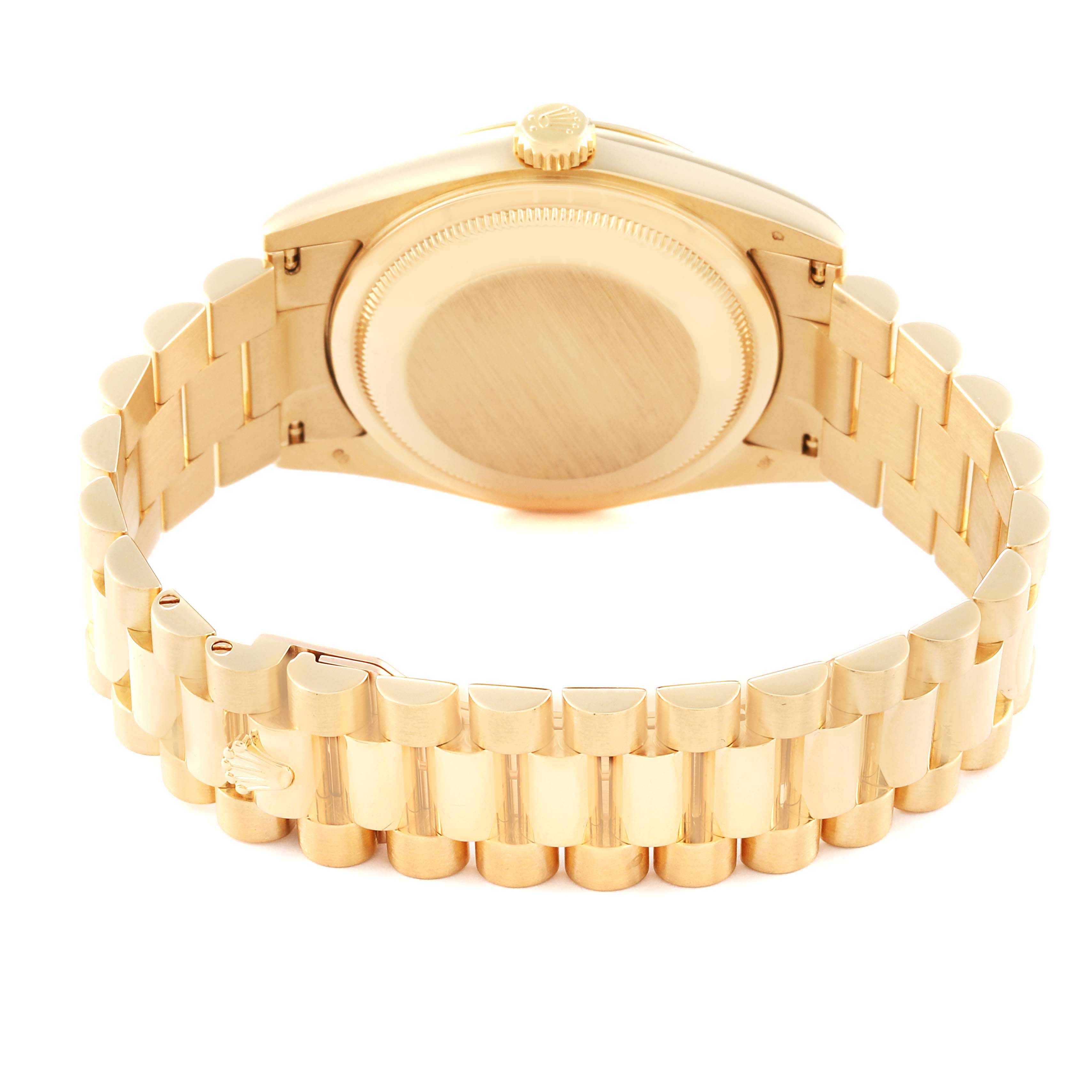 This image shows the back and bracelet of the Rolex President 118238A Men's Yellow Gold Black Dial 118238A Men's Yellow Gold Black Dial model watch from an angled rear view.