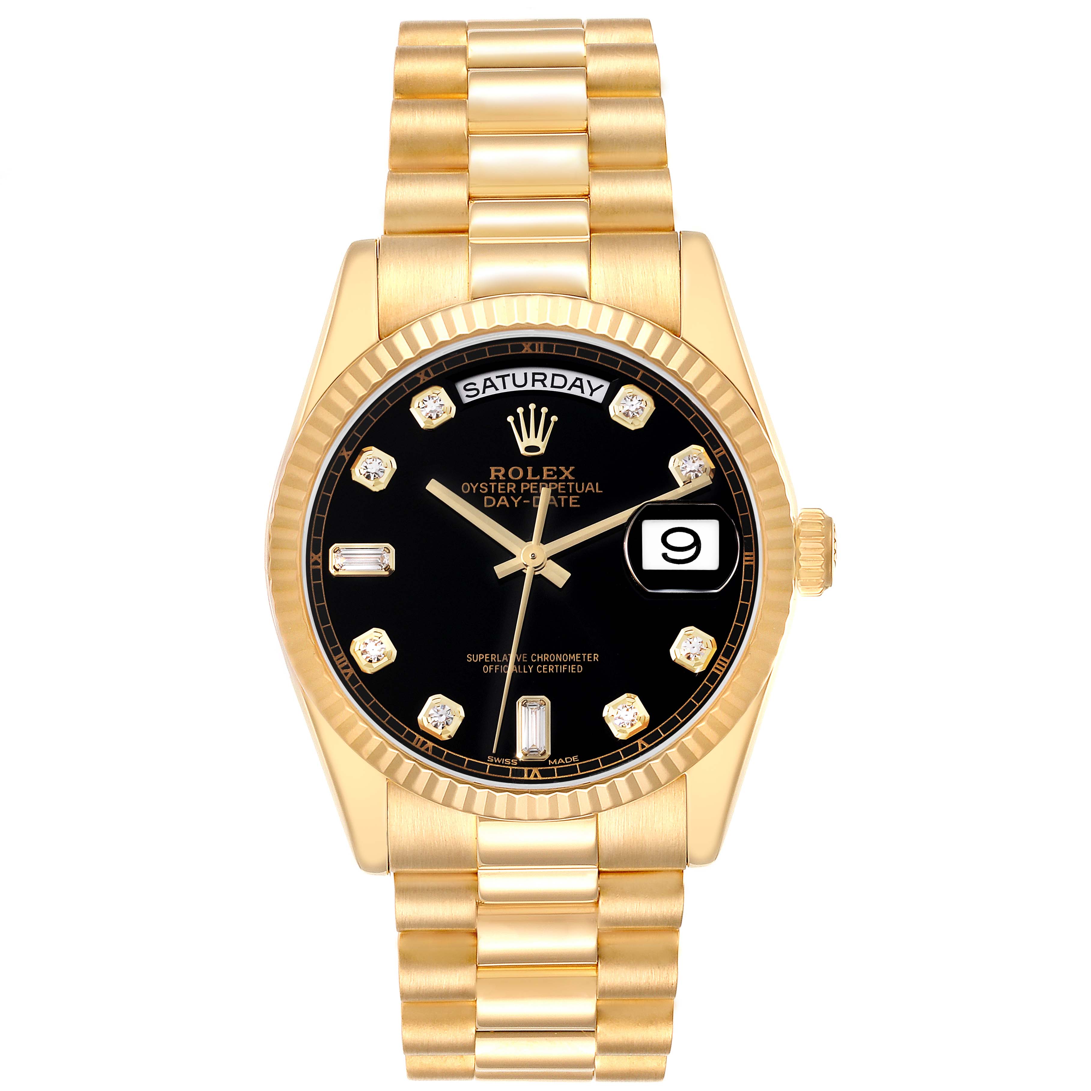 The Rolex President 118238A Men's Yellow Gold Black Dial 118238A Men's Yellow Gold Black Dial model is shown from a top-down angle, highlighting the gold bracelet and black dial with day and date indicators.