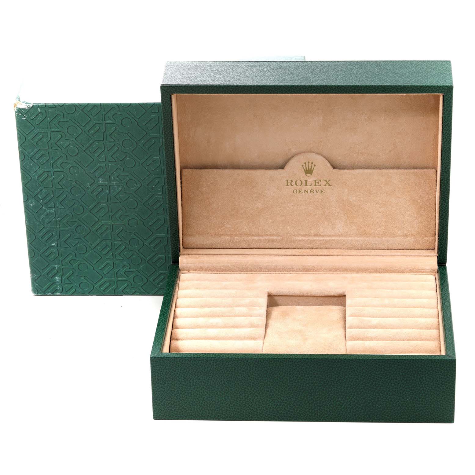 The image shows an open green Rolex watch box for the President model, displaying the interior compartments for the watch and accessories.