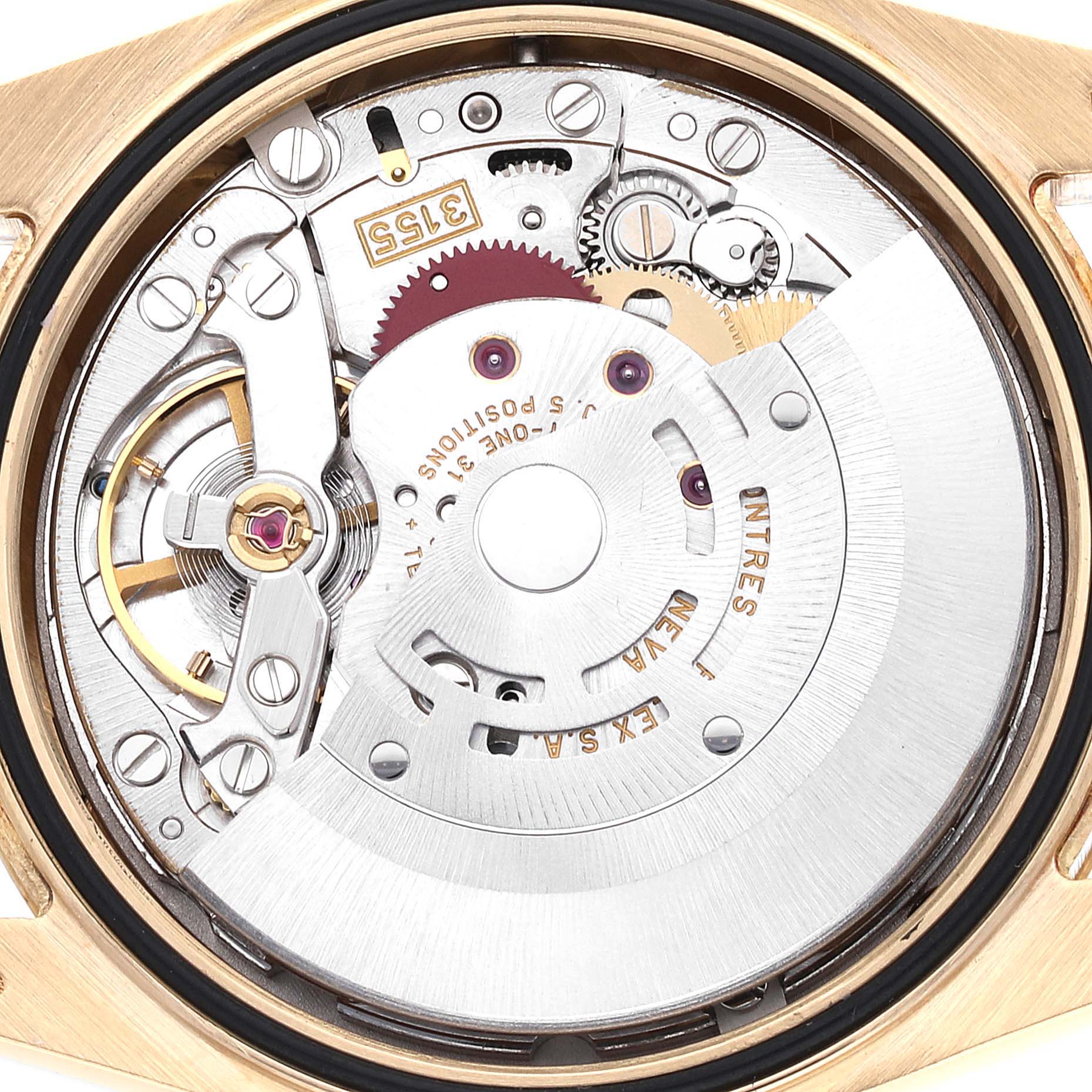 This image shows the internal mechanical movement of a Rolex President 118238A Men's Yellow Gold Black Dial 118238A Men's Yellow Gold Black Dial model watch.