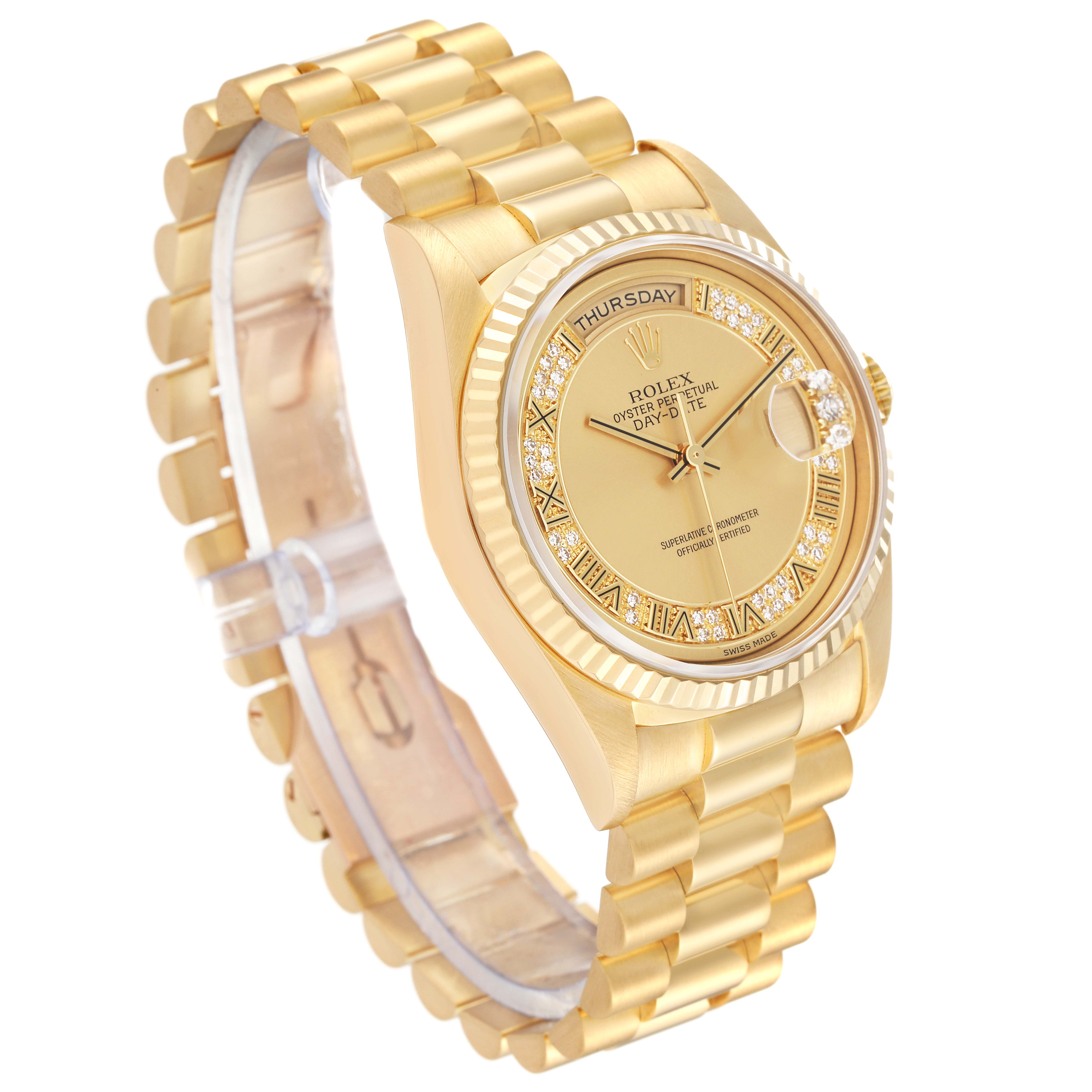 The image displays a side angle of a Rolex President 18238 Men's Yellow Gold Champagne Dial 18238 Men's Yellow Gold Champagne Dial model watch, highlighting its gold band and face, Roman numeral markers, and diamond accents.