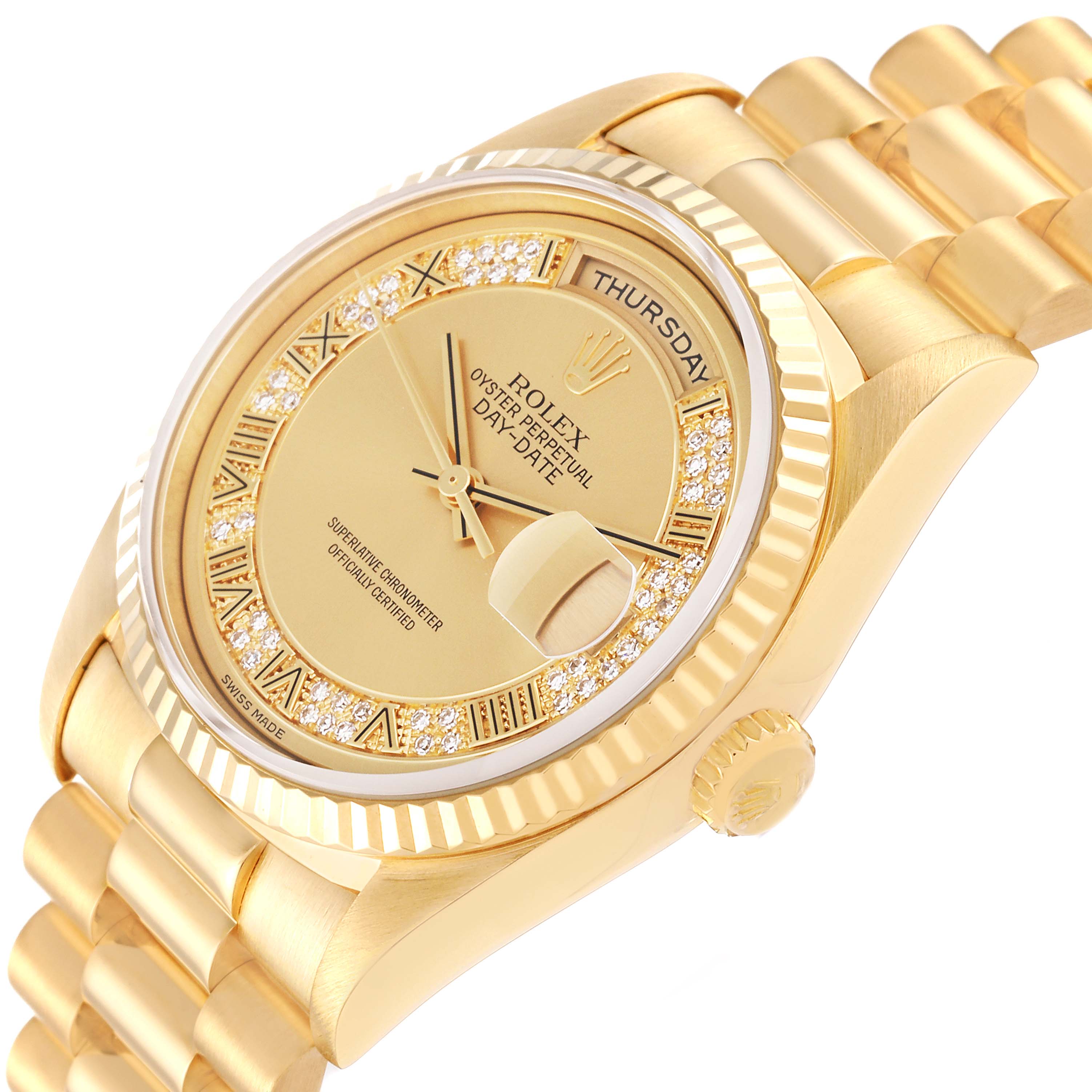 This image shows a Rolex President 18238 Men's Yellow Gold Champagne Dial 18238 Men's Yellow Gold Champagne Dial model watch at a slight angle, highlighting the face, bezel, crown, and part of the bracelet.