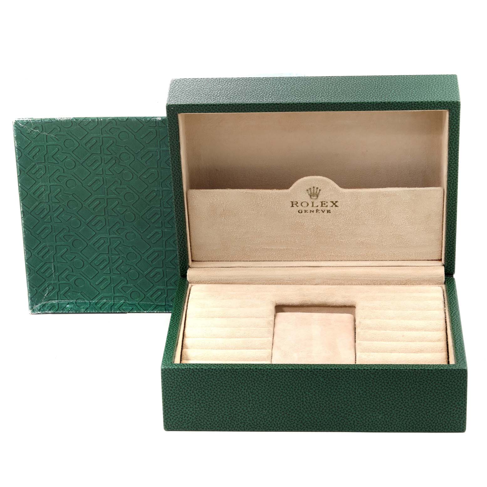 This image shows an open Rolex President 18238 Men's Yellow Gold Champagne Dial 18238 Men's Yellow Gold Champagne Dial model watch box viewed from the front, including the inner cushion and compartments.