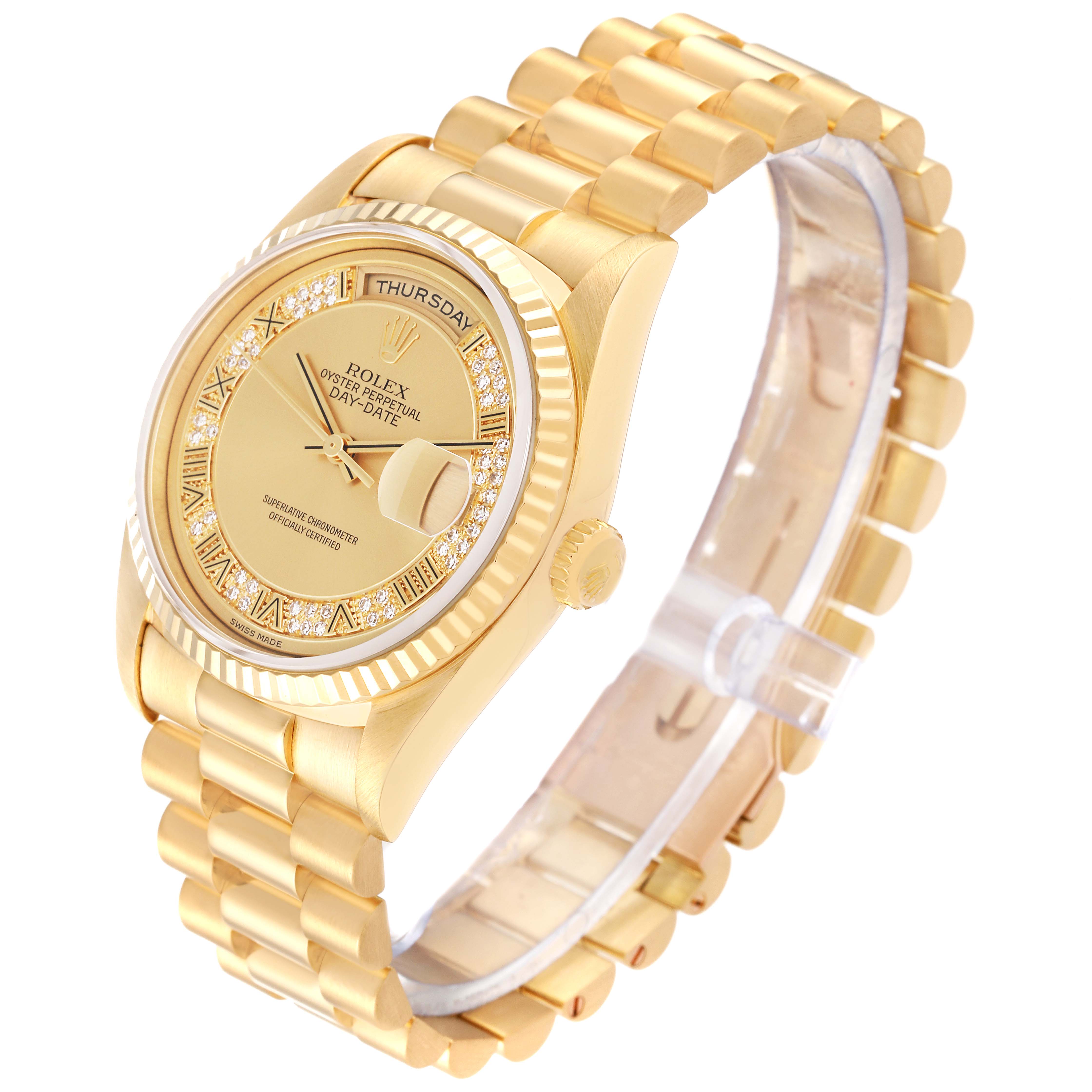 This image shows a side angle of a Rolex President 18238 Men's Yellow Gold Champagne Dial 18238 Men's Yellow Gold Champagne Dial watch, displaying its golden bracelet, fluted bezel, dial, and face.
