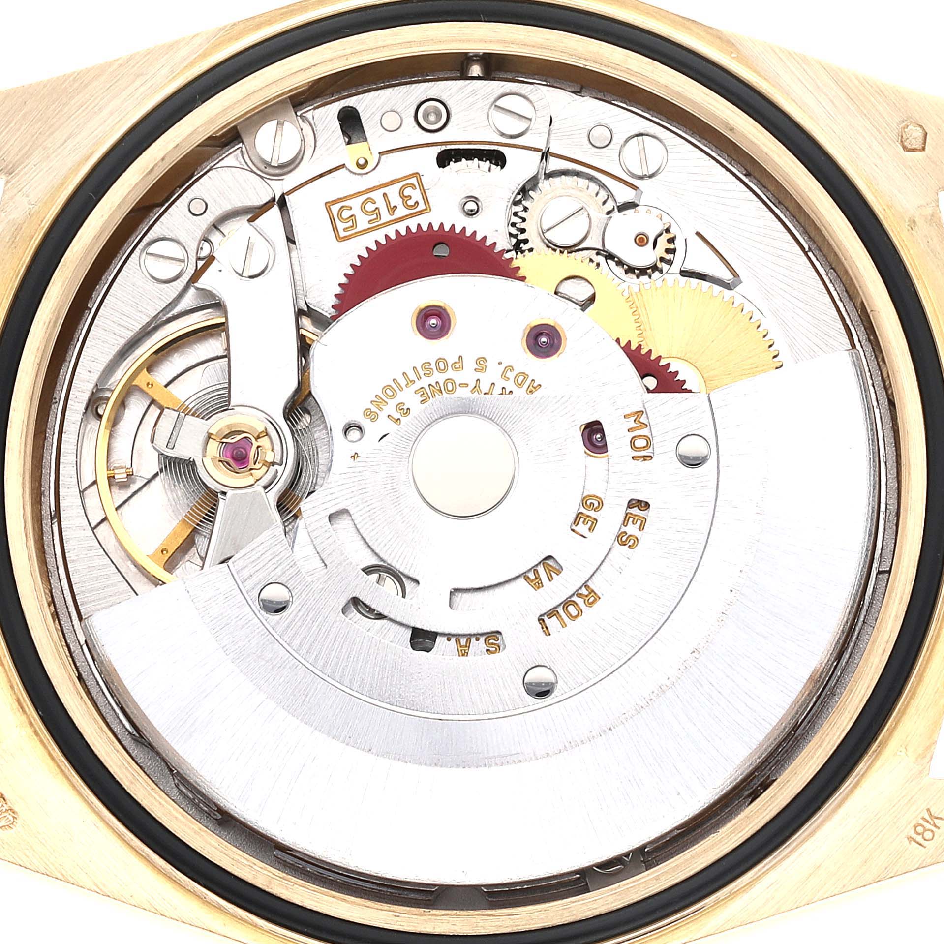This image shows the internal mechanism of the Rolex President 18238 Men's Yellow Gold Champagne Dial 18238 Men's Yellow Gold Champagne Dial model watch from a back angle.