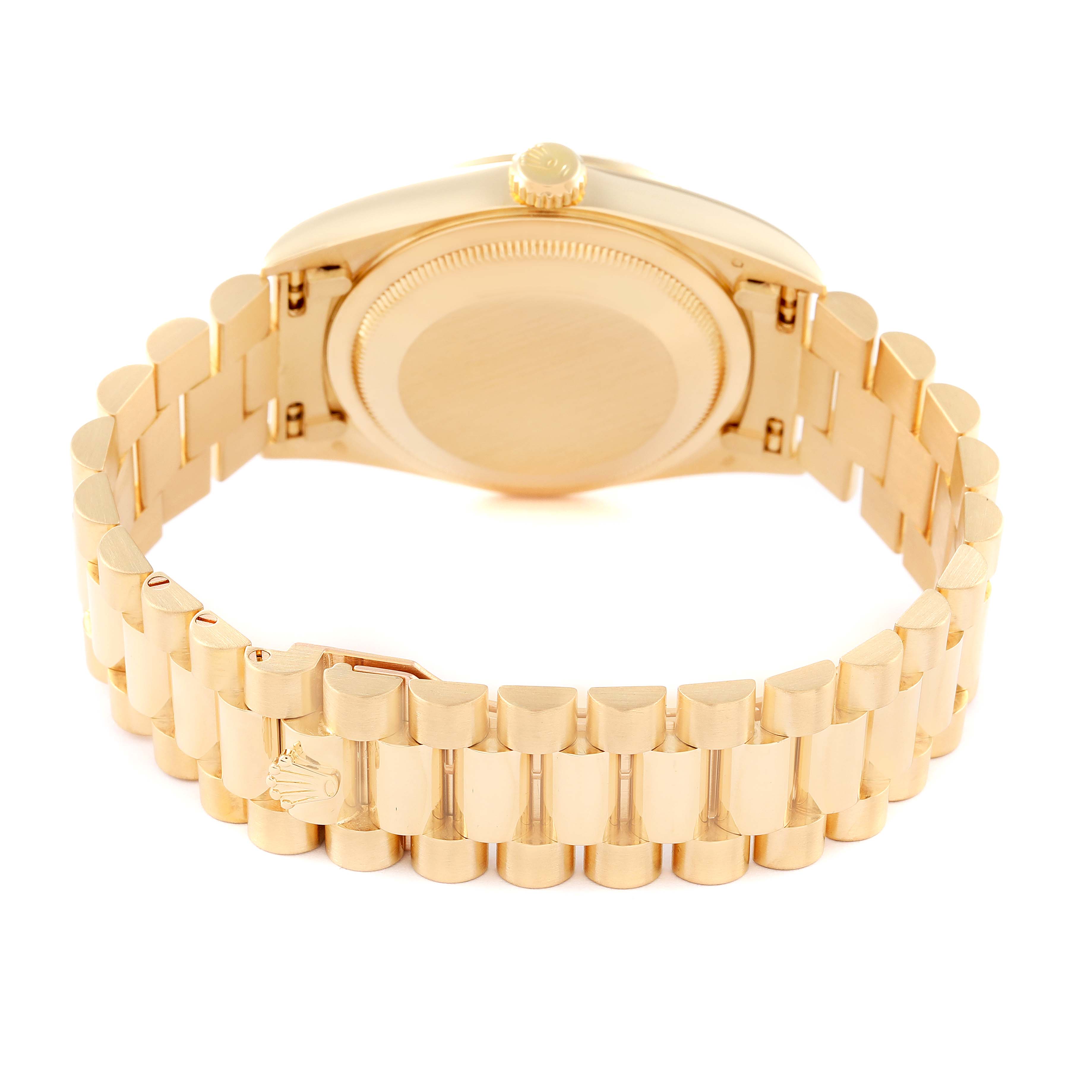 This image shows the back view of a Rolex President 18238 Men's Yellow Gold Champagne Dial 18238 Men's Yellow Gold Champagne Dial model watch, highlighting the bracelet and case back.