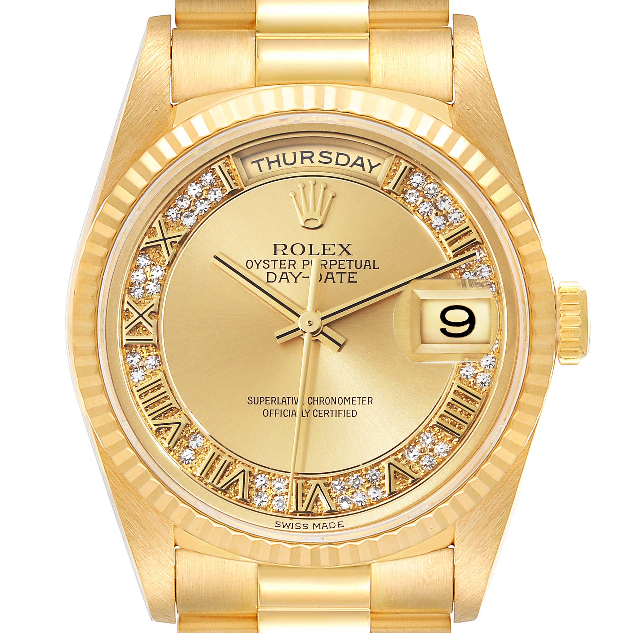 This is a close-up view of a Rolex President 18238 Men's Yellow Gold Champagne Dial 18238 Men's Yellow Gold Champagne Dial Day-Date watch showing the dial, day and date windows, bezel, and part of the bracelet.