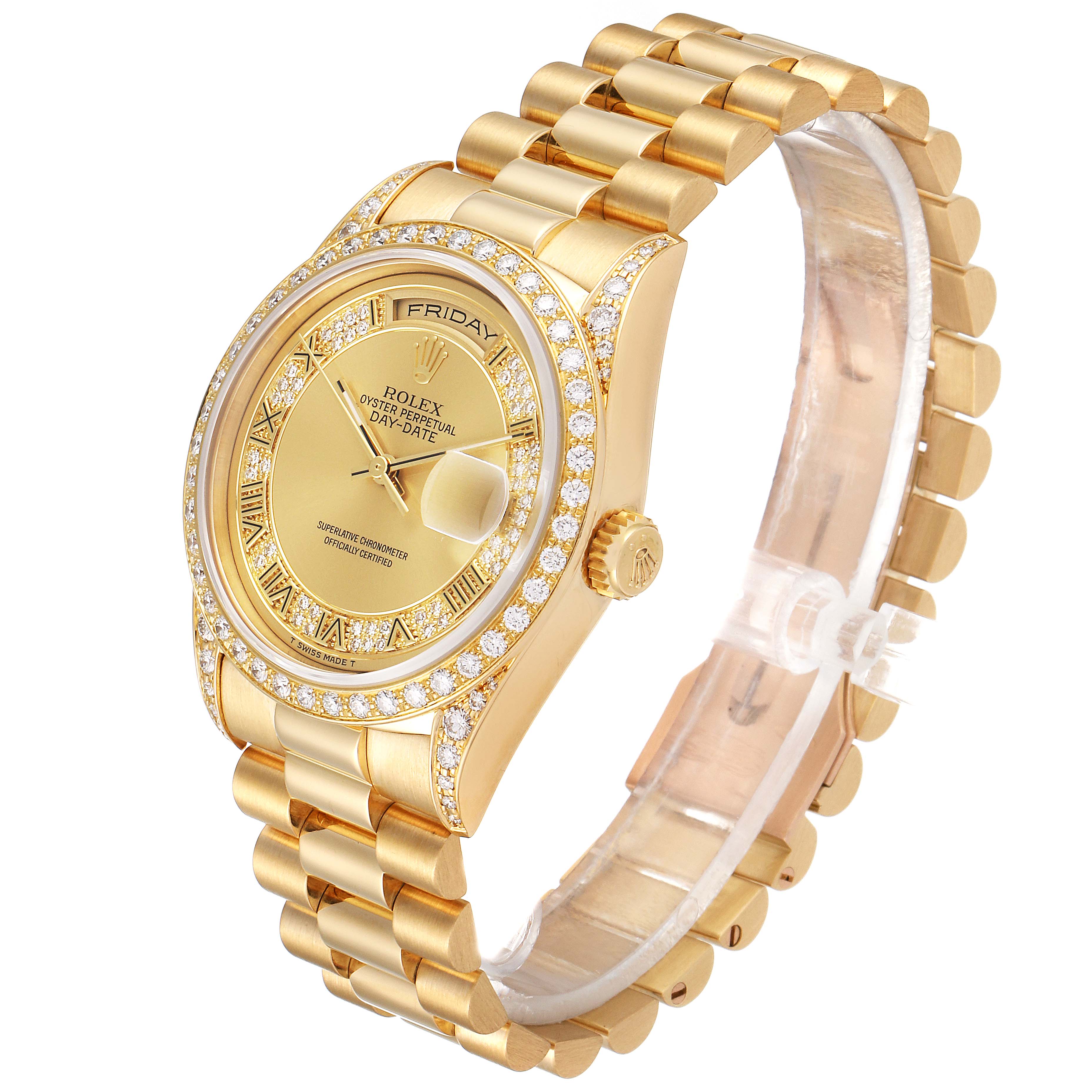 The image shows a side and top angle of the Rolex President 18388 Men's Yellow Gold Champagne Dial 18388 Men's Yellow Gold Champagne Dial model watch with its golden bracelet and diamond-encrusted bezel.