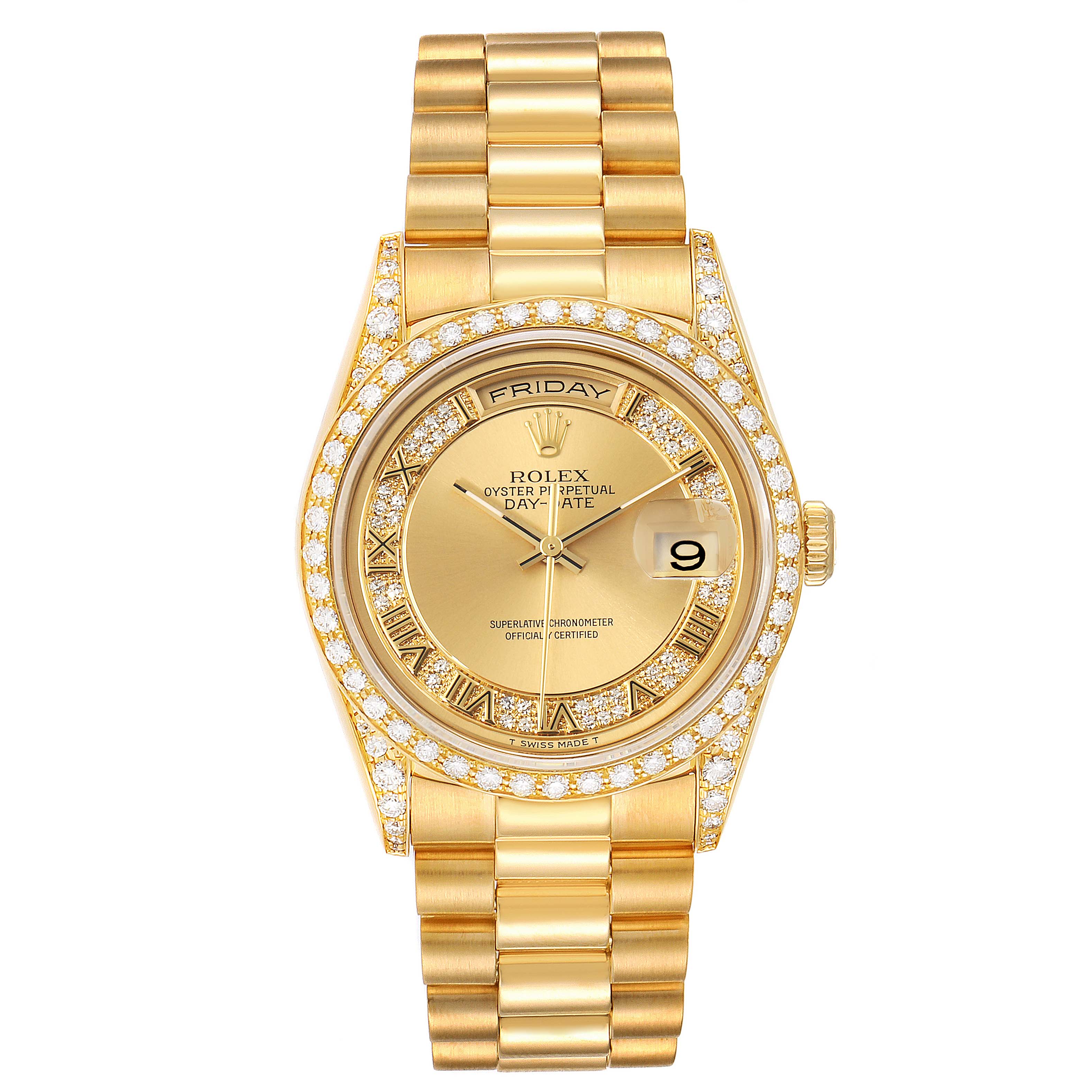 The image shows a front view of a Rolex President 18388 Men's Yellow Gold Champagne Dial 18388 Men's Yellow Gold Champagne Dial model watch, highlighting the dial, bezel, band, and day-date complications.