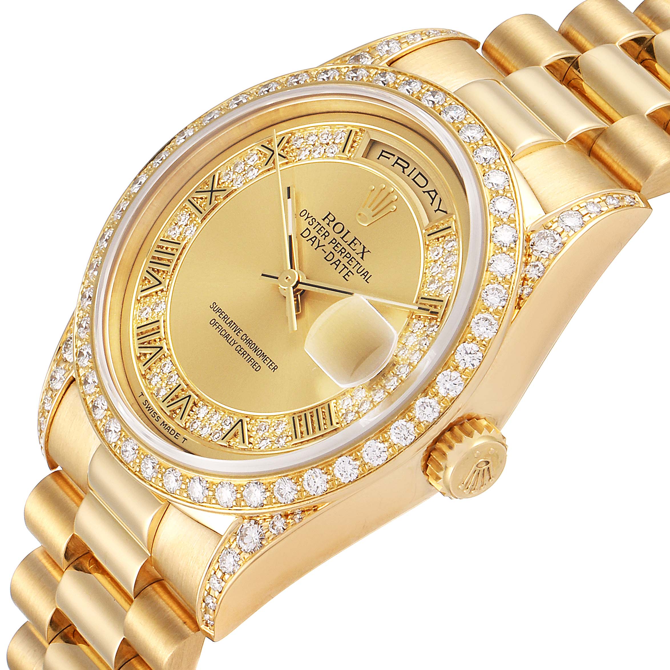 The image shows a Rolex President 18388 Men's Yellow Gold Champagne Dial 18388 Men's Yellow Gold Champagne Dial model watch at a slight angle, highlighting the diamond-encrusted bezel, dial, and bracelet.