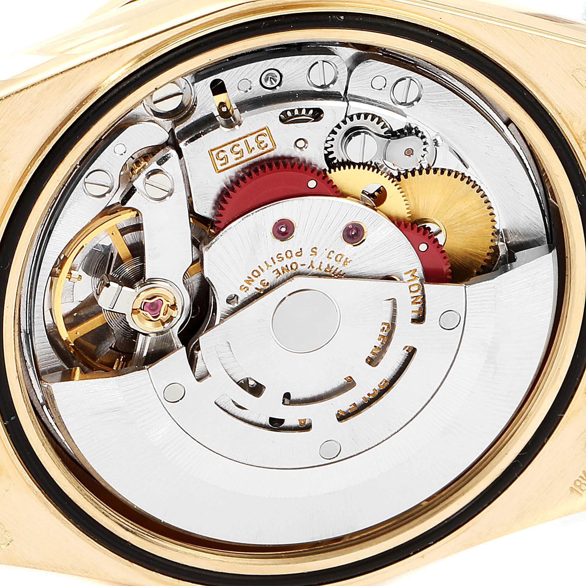 This image shows an up-close view of the movement mechanism of the Rolex President 18388 Men's Yellow Gold Champagne Dial 18388 Men's Yellow Gold Champagne Dial watch model.