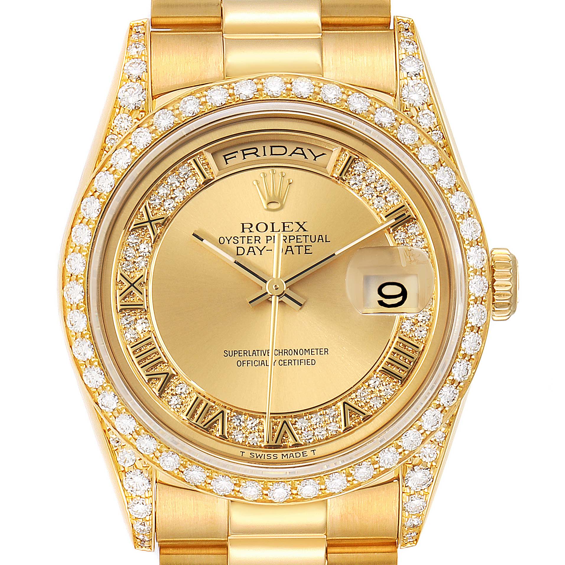 The Rolex President 18388 Men's Yellow Gold Champagne Dial 18388 Men's Yellow Gold Champagne Dial model watch is shown from a top-down angle, highlighting its gold dial, diamond-studded bezel, bracelet, and date window.