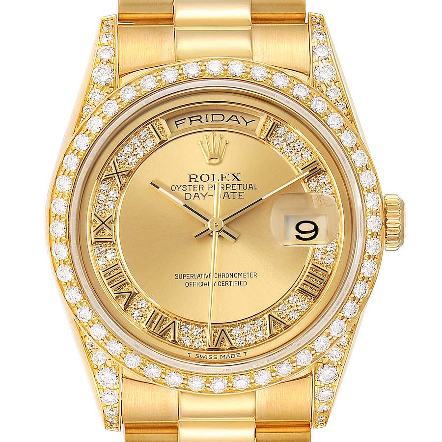 Rolex President Day-Date Yellow Gold Myriad Diamond Mens Watch 18388 SwissWatchExpo