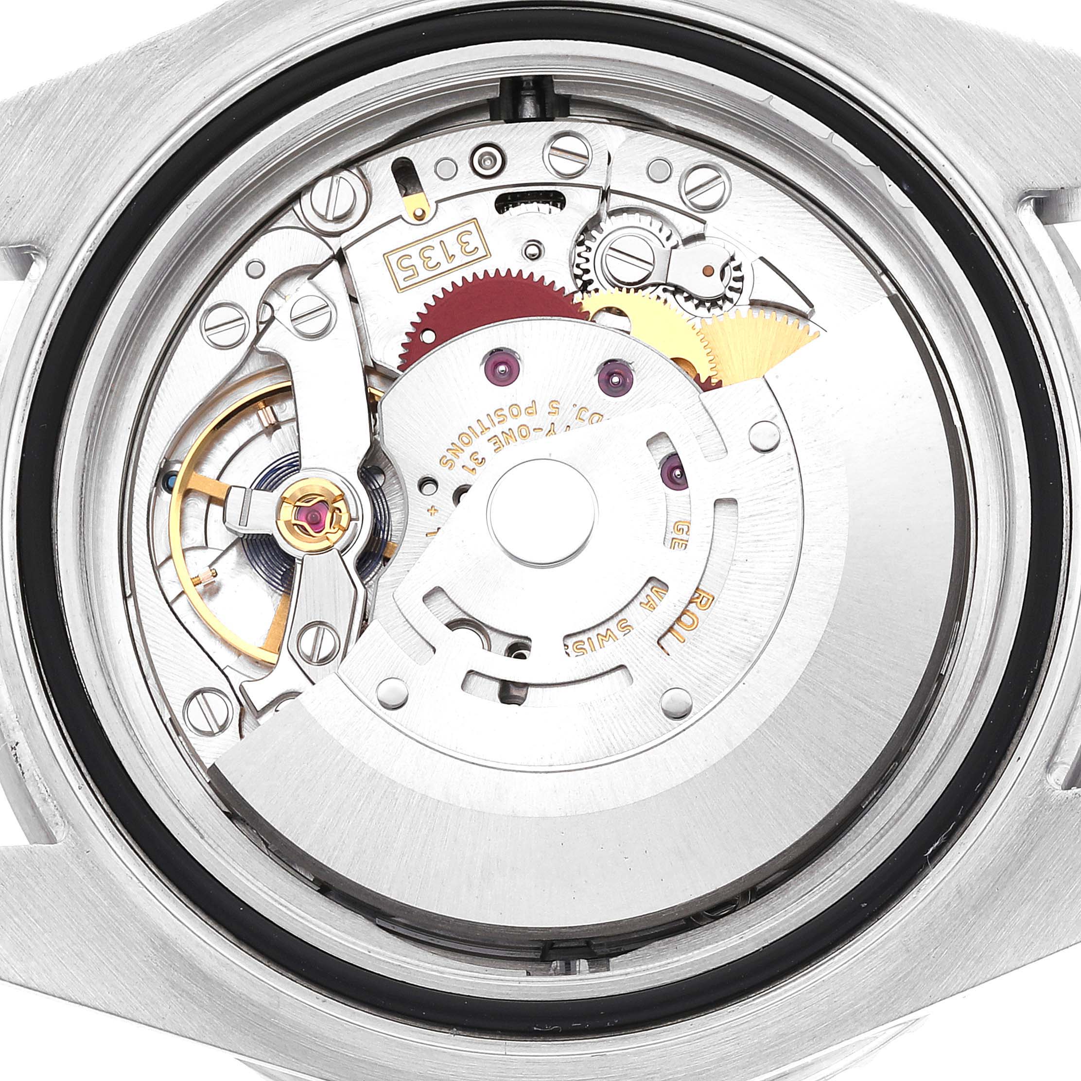 The image shows the internal mechanism of the Rolex Sea-Dweller 116600 Men
s Stainless Steel Black Dial 116600 Men
s Stainless Steel Black Dial watch, viewed from the rear with the back removed.