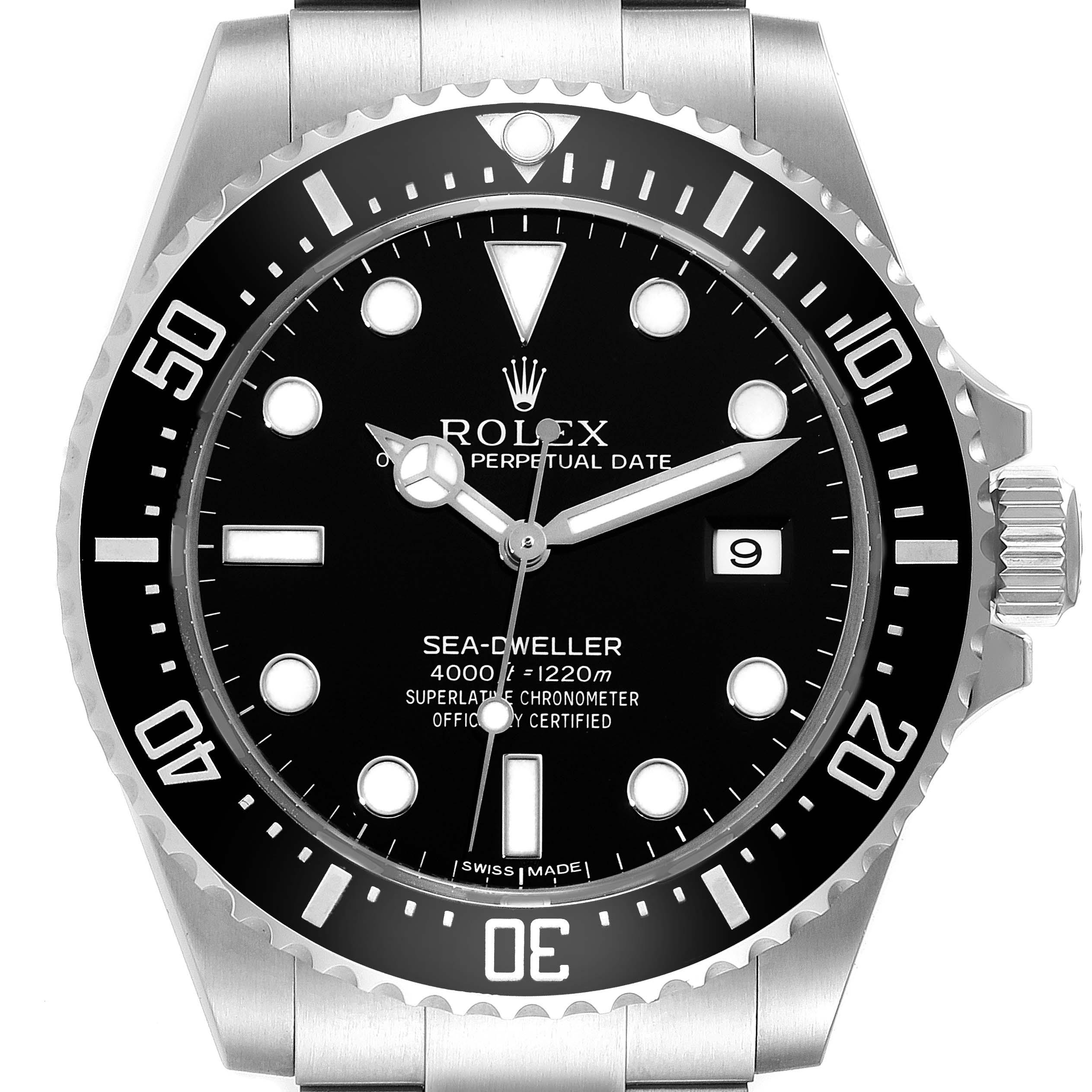 This image shows a front view of the Rolex Sea-Dweller 116600 Men
s Stainless Steel Black Dial 116600 Men
s Stainless Steel Black Dial watch, highlighting the dial, bezel, and crown.