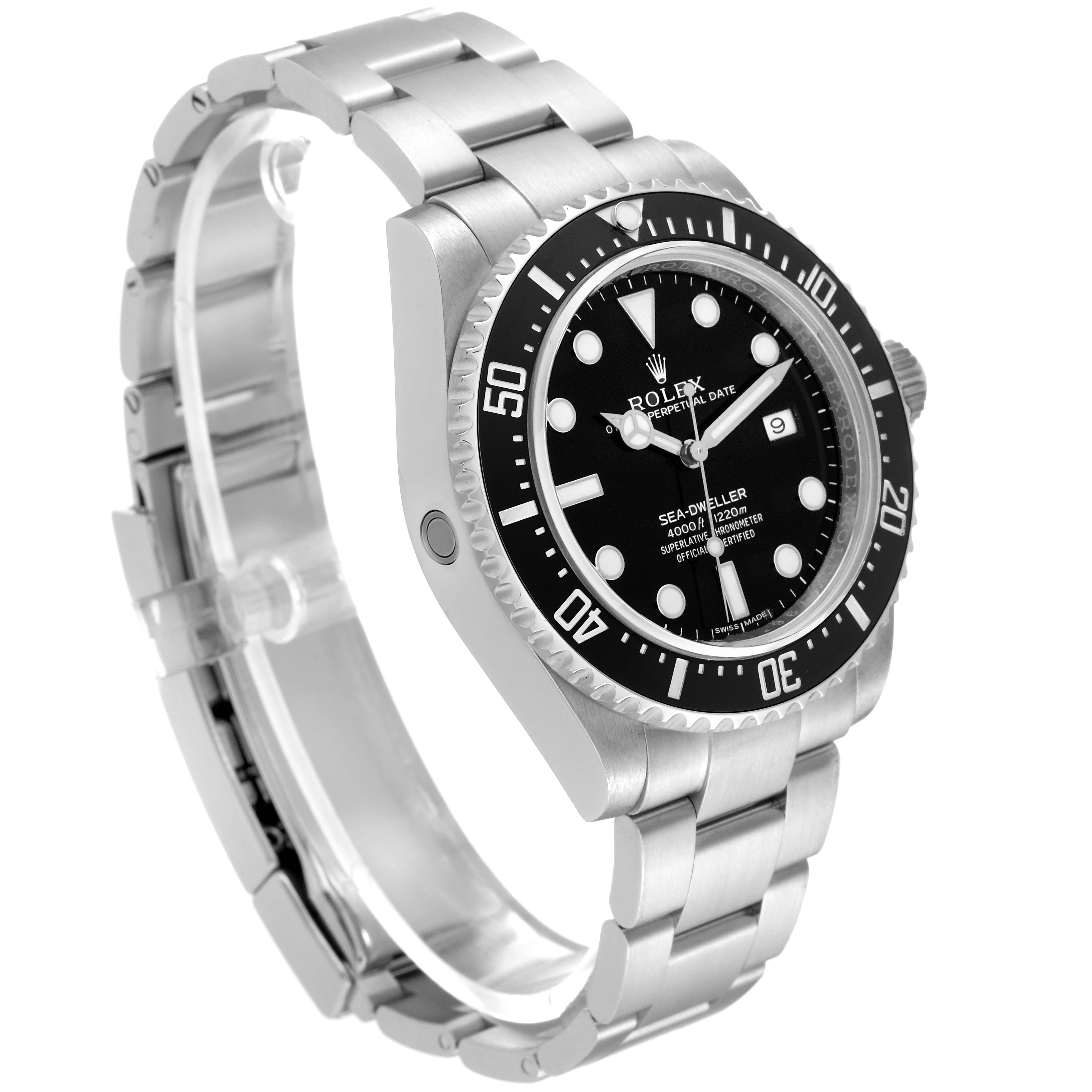The Rolex Sea-Dweller 116600 Men
s Stainless Steel Black Dial 116600 Men
s Stainless Steel Black Dial watch is shown at an angled side view displaying its stainless steel bracelet and black dial.