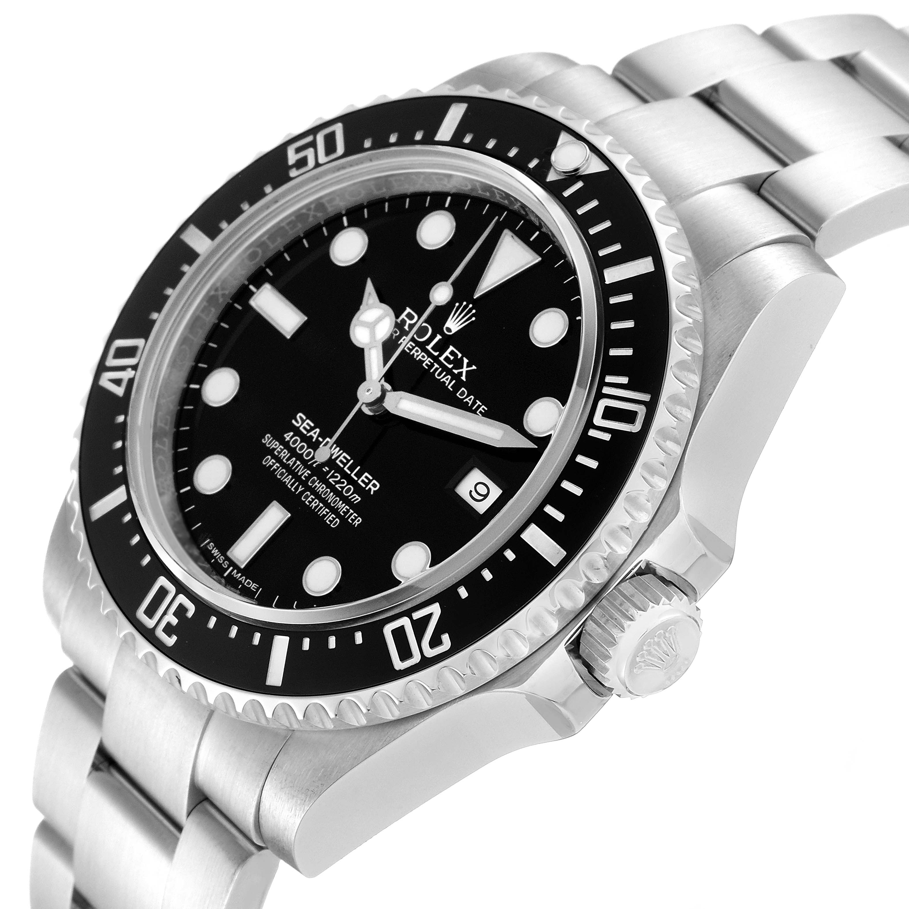 The image shows a side and angled view of the Rolex Sea-Dweller 116600 Men
s Stainless Steel Black Dial 116600 Men
s Stainless Steel Black Dial watch, highlighting its bezel, dial, and bracelet.