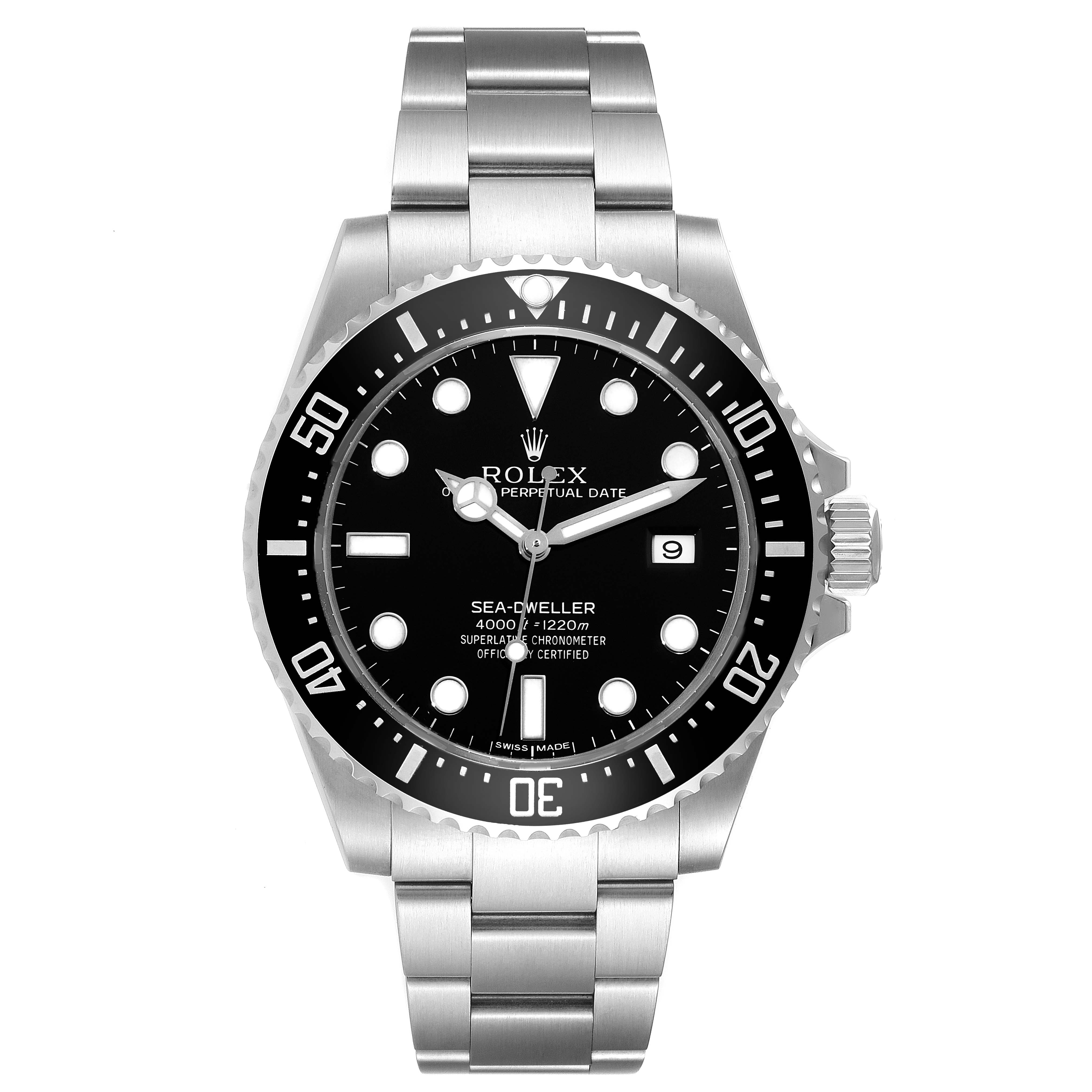 The image shows a front view of a Rolex Sea-Dweller 116600 Men
s Stainless Steel Black Dial 116600 Men
s Stainless Steel Black Dial, highlighting its face, bezel, and bracelet.