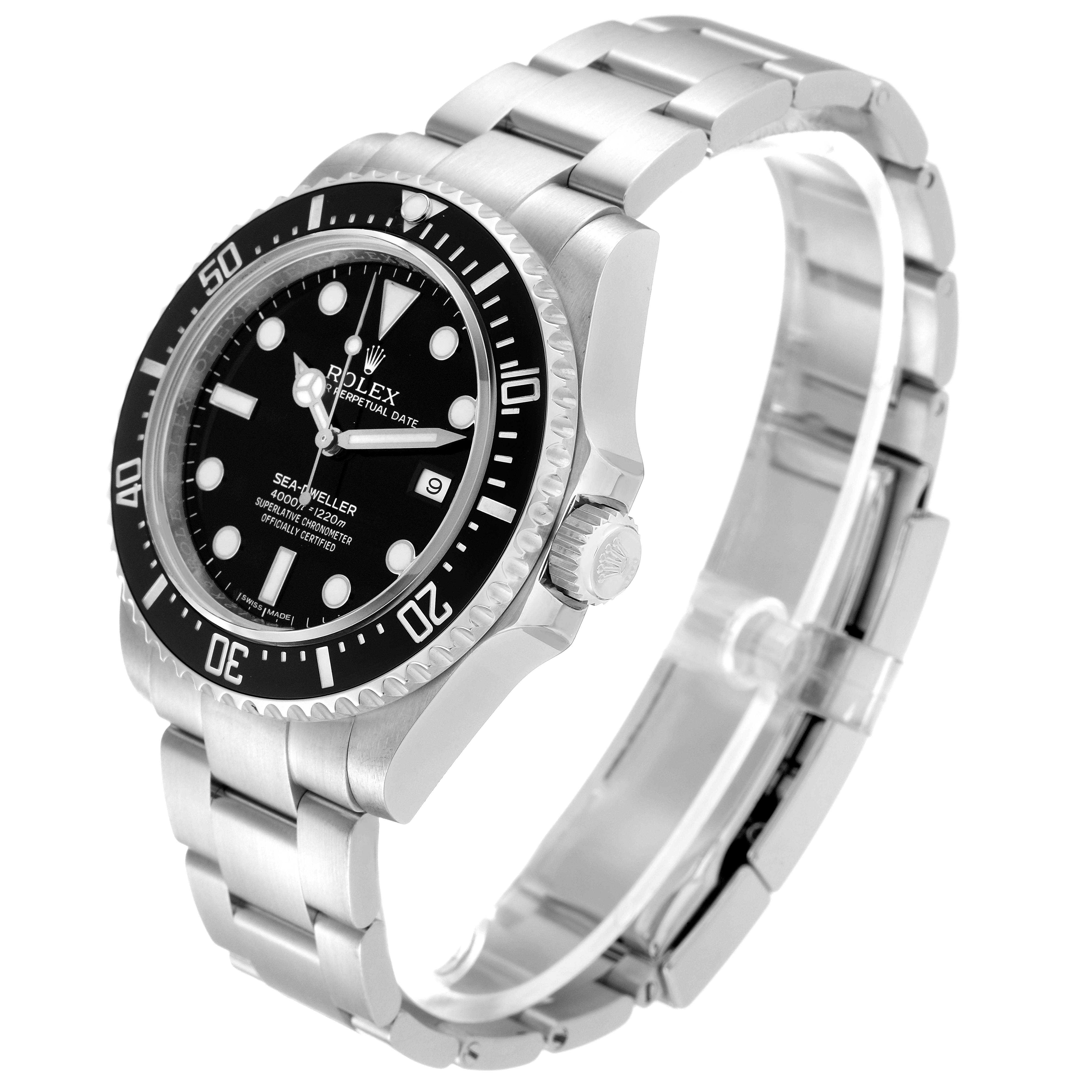 This Rolex Sea-Dweller 116600 Men
s Stainless Steel Black Dial 116600 Men
s Stainless Steel Black Dial watch is shown at a three-quarter view angle highlighting the dial, bezel, and bracelet.
