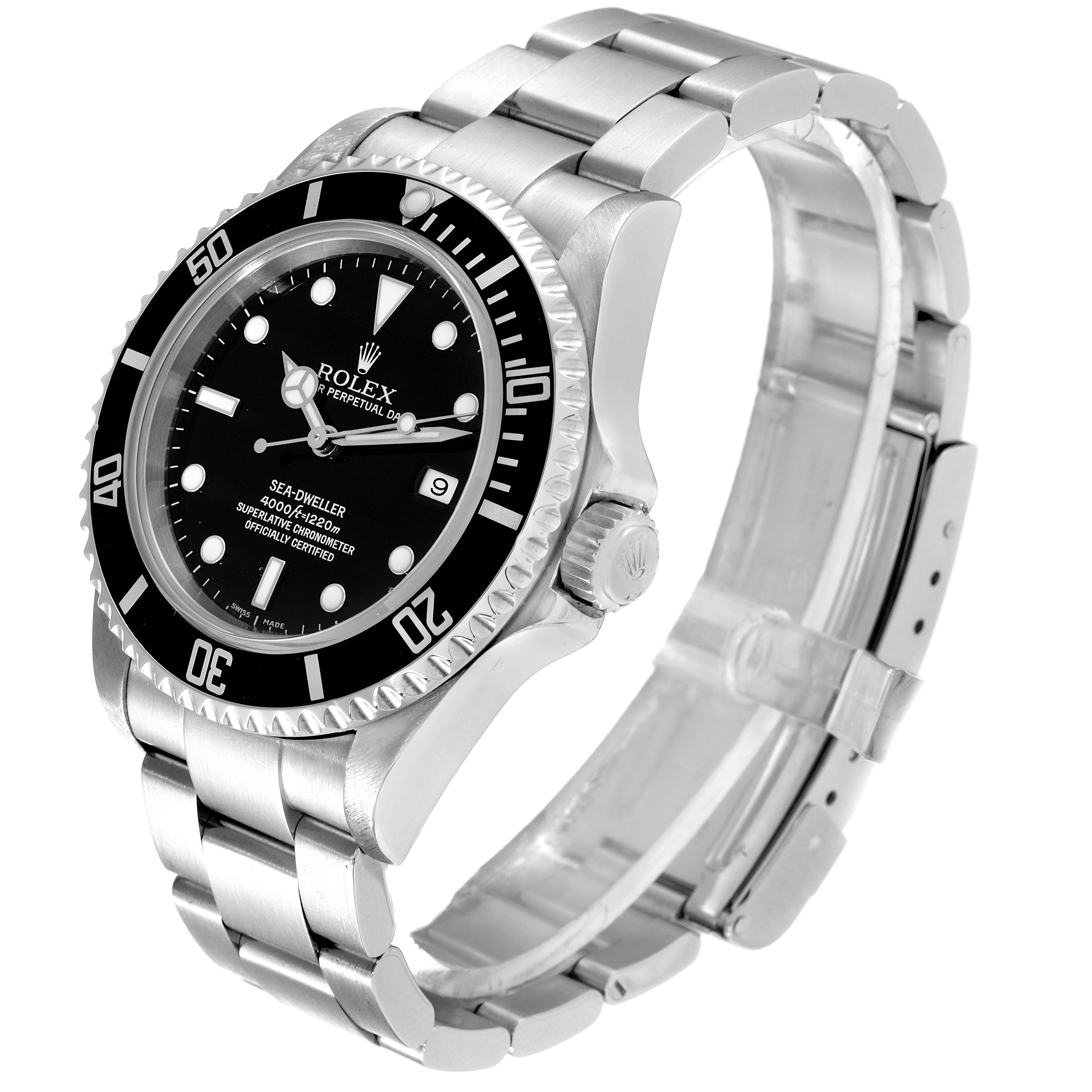 The Rolex Sea-Dweller 16600T Men
s Stainless Steel Black Dial 16600T Men
s Stainless Steel Black Dial watch is shown from an angled side view, highlighting the bezel, dial, crown, and bracelet.
