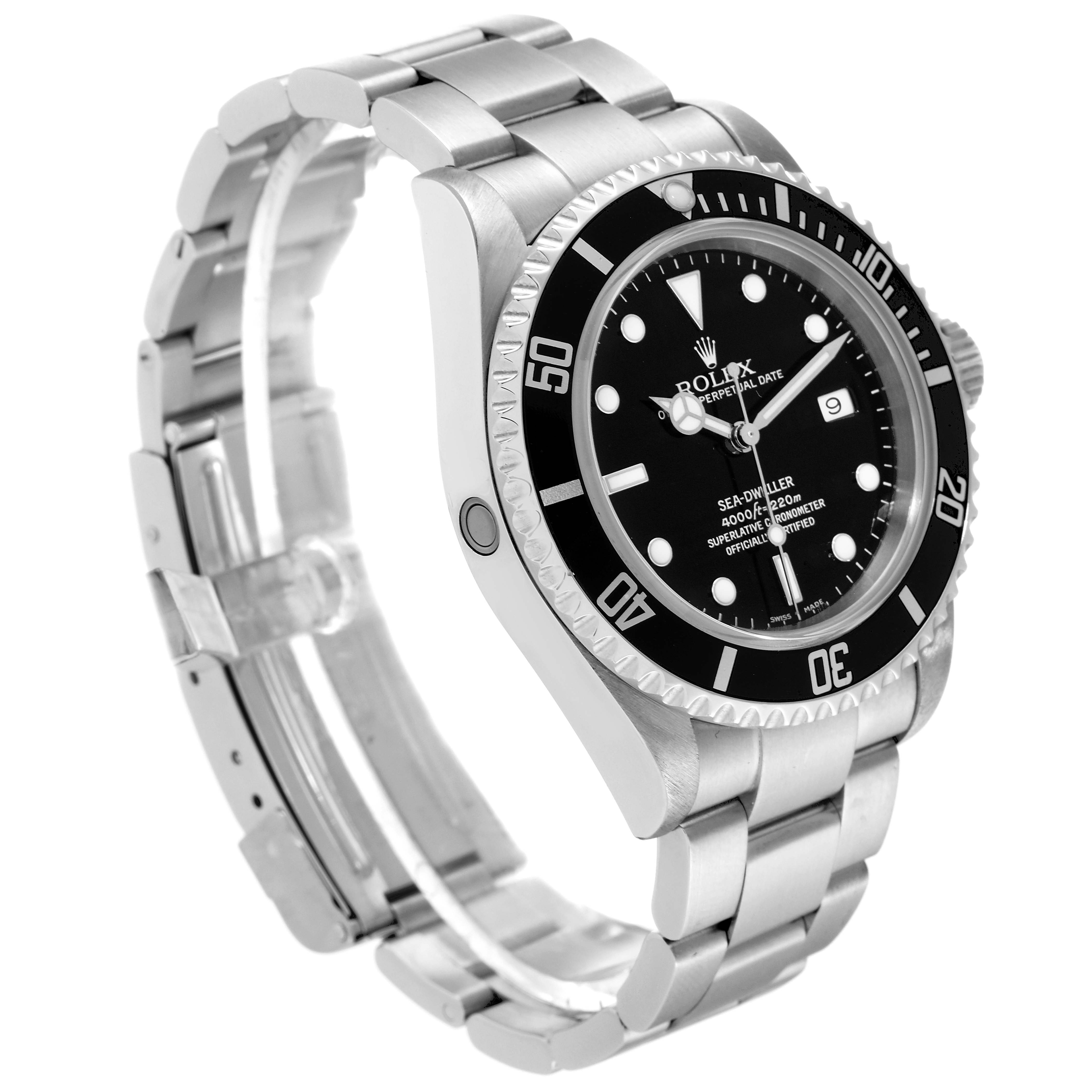 The Rolex Sea-Dweller 16600T Men
s Stainless Steel Black Dial 16600T Men
s Stainless Steel Black Dial watch is shown at a slight angle, displaying its face, bezel, and metal bracelet.