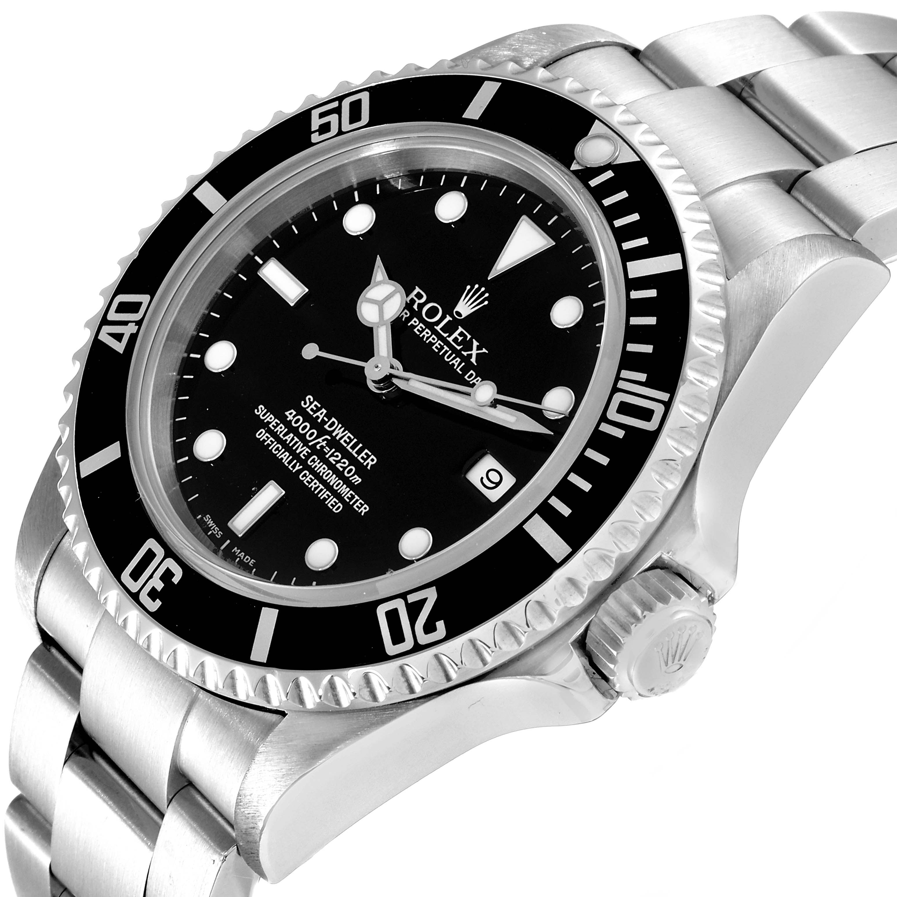 The image shows a close-up angle of the Rolex Sea-Dweller 16600T Men
s Stainless Steel Black Dial 16600T Men
s Stainless Steel Black Dial watch, highlighting the dial, bezel, and part of the bracelet.
