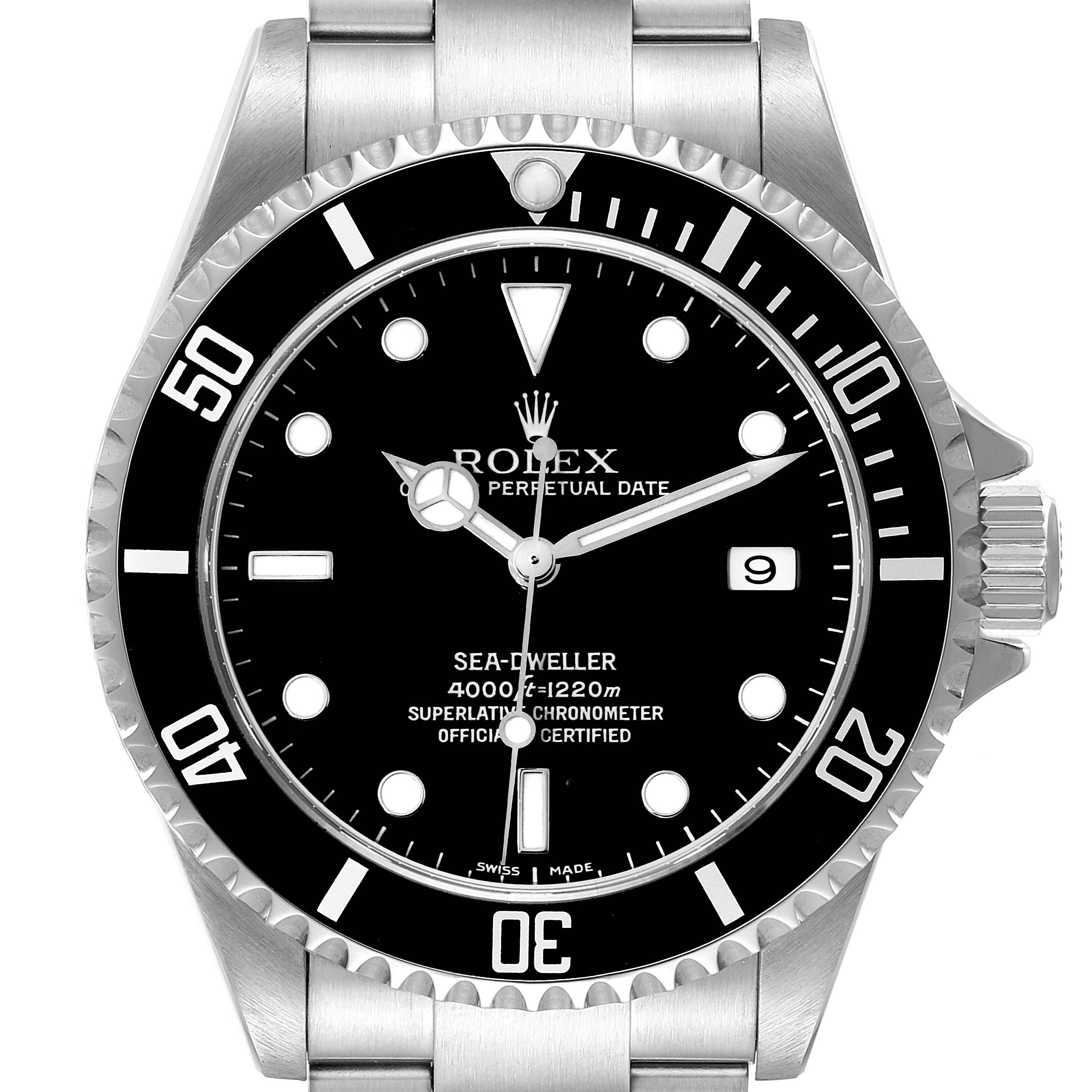 This image shows a frontal view of the Rolex Sea-Dweller 16600T Men
s Stainless Steel Black Dial 16600T Men
s Stainless Steel Black Dial watch, highlighting the dial, bezel, and part of the bracelet.