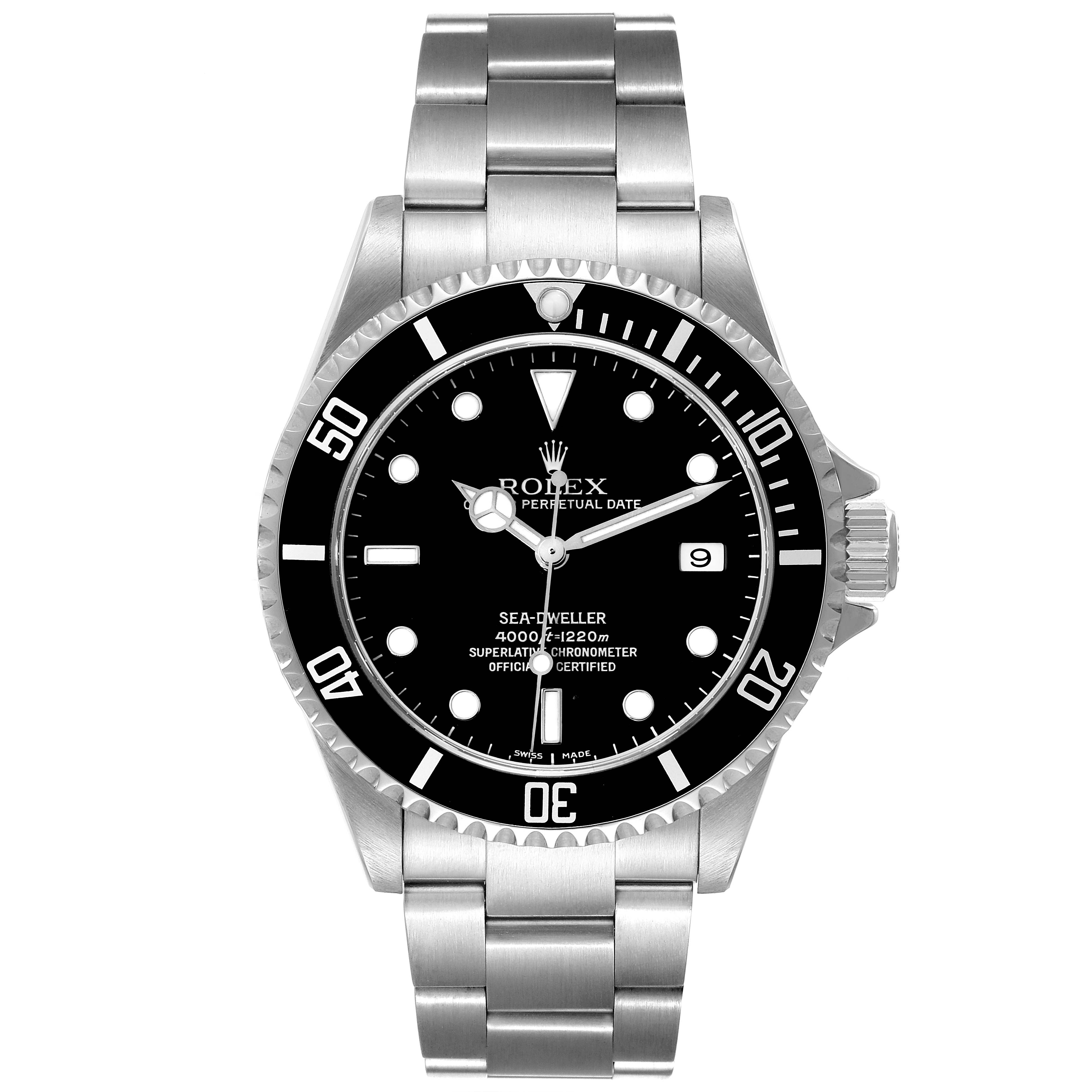 This image shows a front view of the Rolex Sea-Dweller 16600T Men
s Stainless Steel Black Dial 16600T Men
s Stainless Steel Black Dial watch, highlighting its dial, bezel, and bracelet.