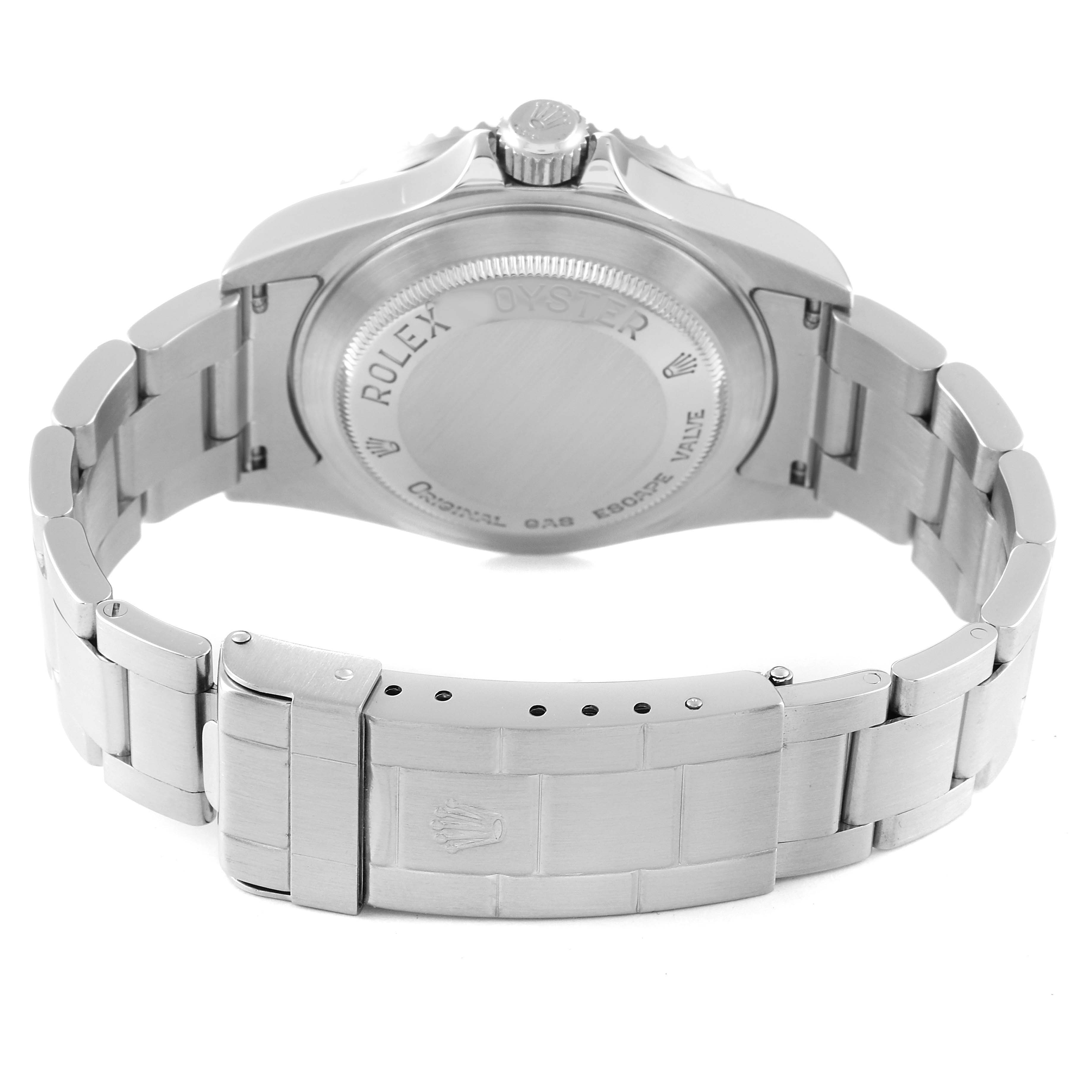 The image shows the back and clasp of the Rolex Sea-Dweller 16600T Men
s Stainless Steel Black Dial 16600T Men
s Stainless Steel Black Dial watch from a rear angle.