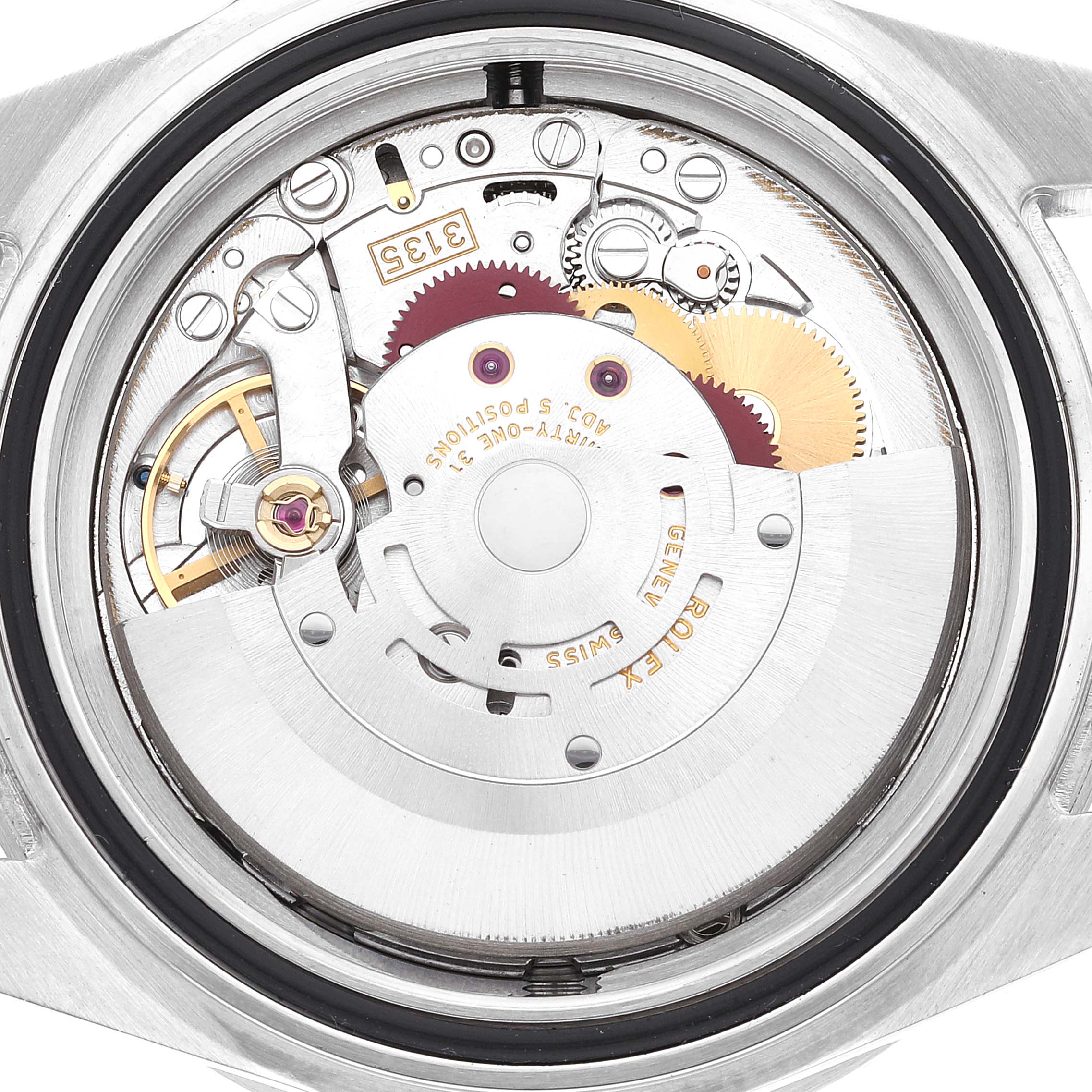 The image shows the back view of a Rolex Sea-Dweller 16600T Men
s Stainless Steel Black Dial 16600T Men
s Stainless Steel Black Dial watch, revealing its internal movement and mechanics.