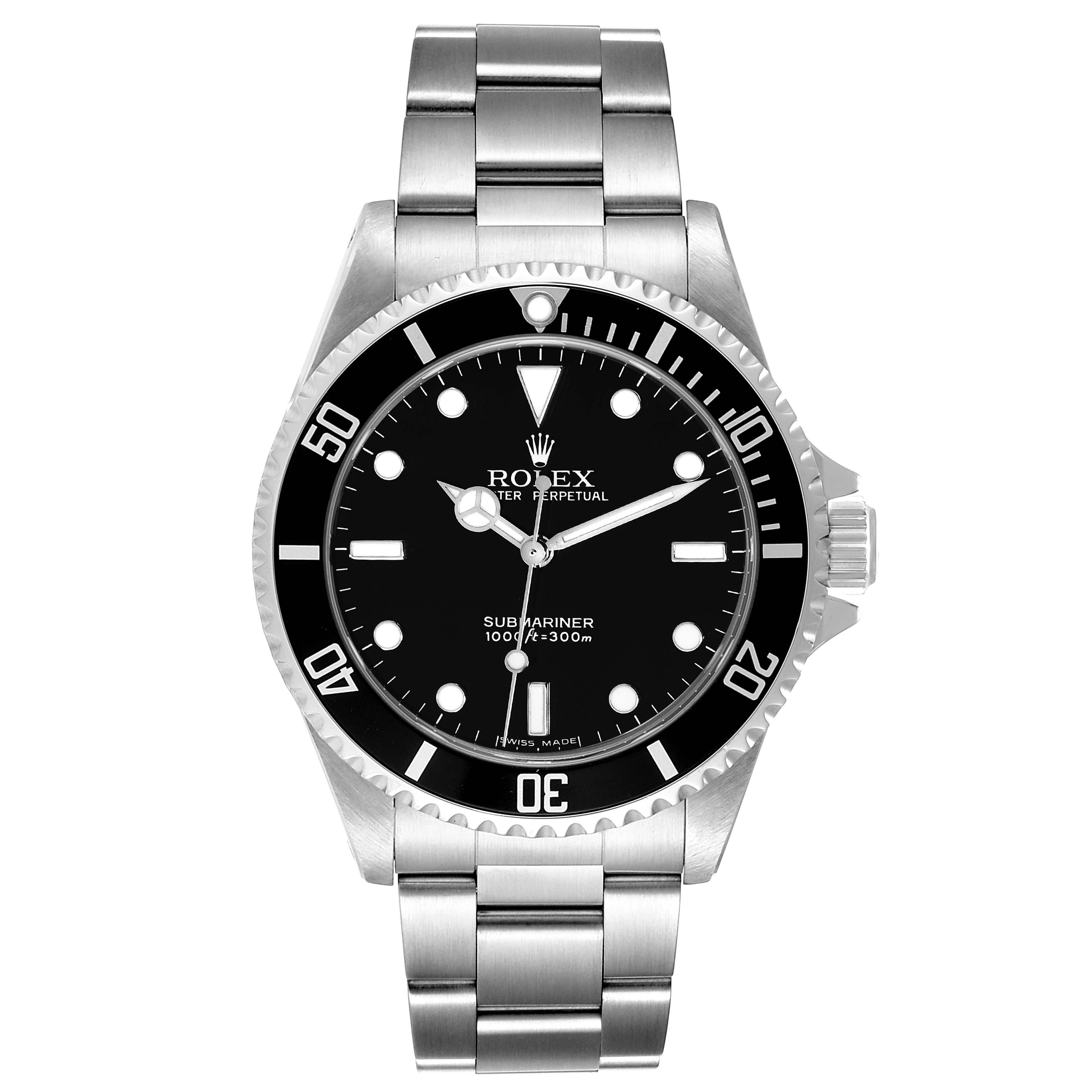 This image shows a front view of a Rolex Submariner 14060M Men's Stainless Steel Black Dial 14060M Men's Stainless Steel Black Dial watch, featuring its black dial, bezel, and stainless steel bracelet.