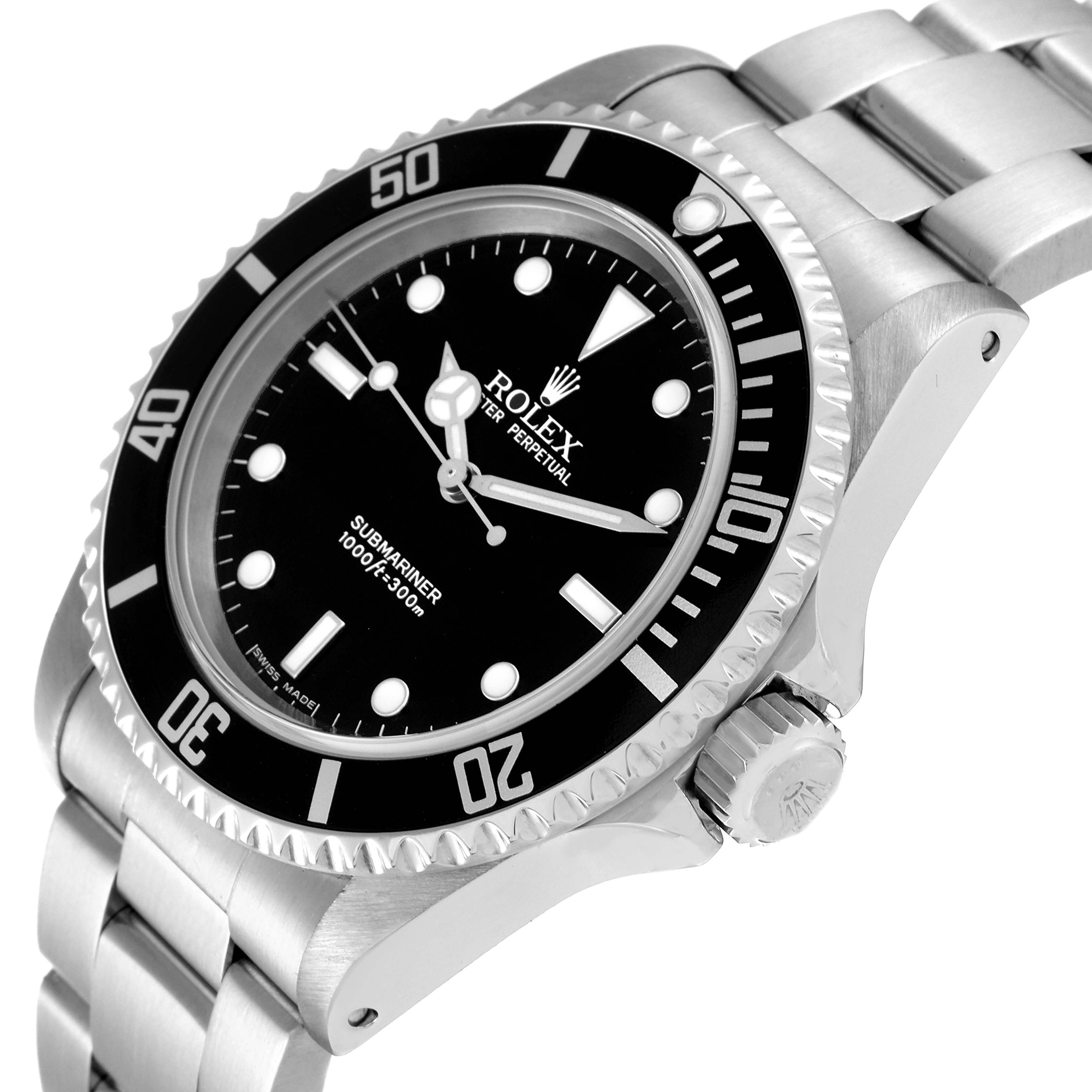 The image shows a Rolex Submariner 14060M Men's Stainless Steel Black Dial 14060M Men's Stainless Steel Black Dial watch angled from the front-left, displaying the bezel, dial, crown, and metal bracelet.