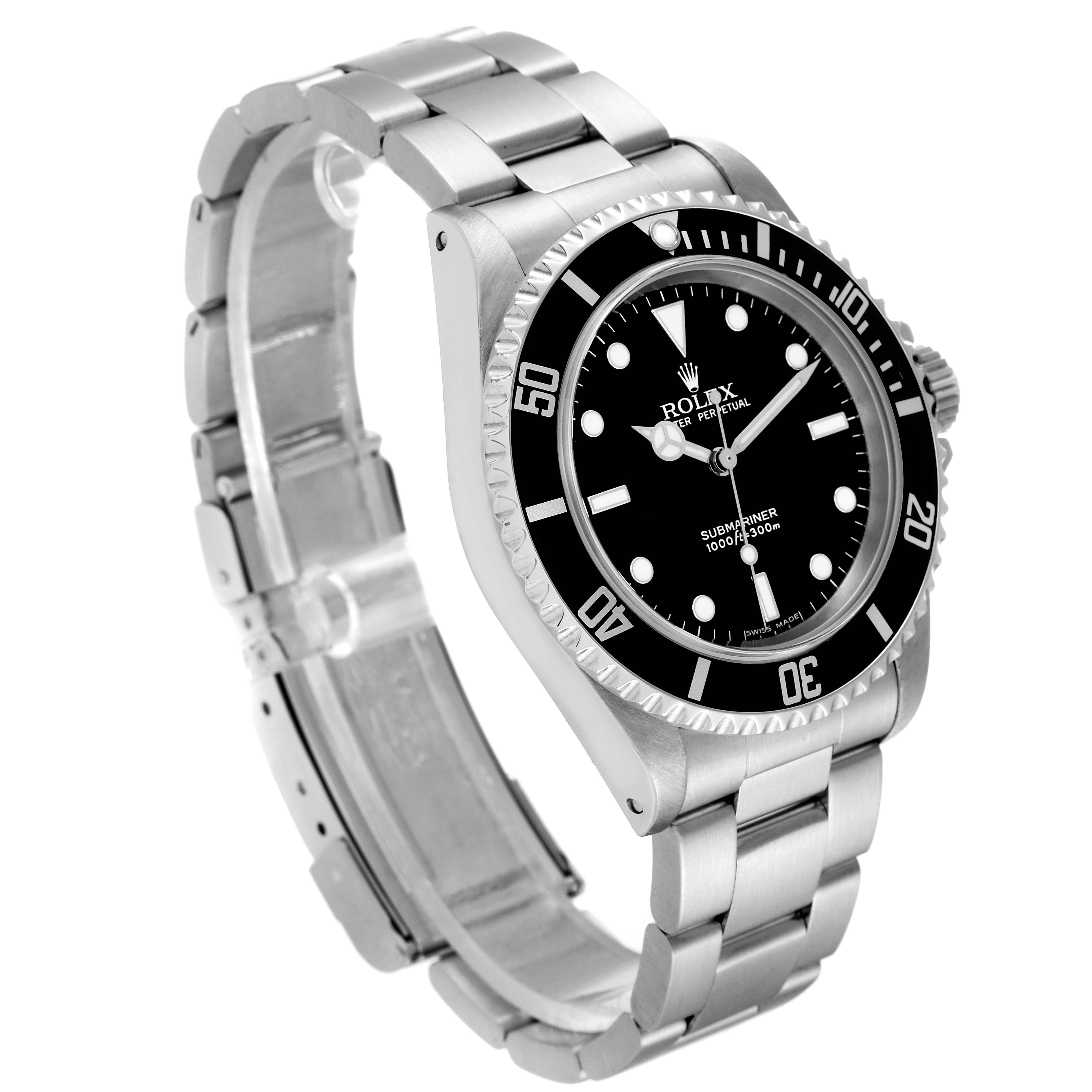 The image shows a side view of the Rolex Submariner 14060M Men's Stainless Steel Black Dial 14060M Men's Stainless Steel Black Dial watch, highlighting its dial, bezel, case, and bracelet.