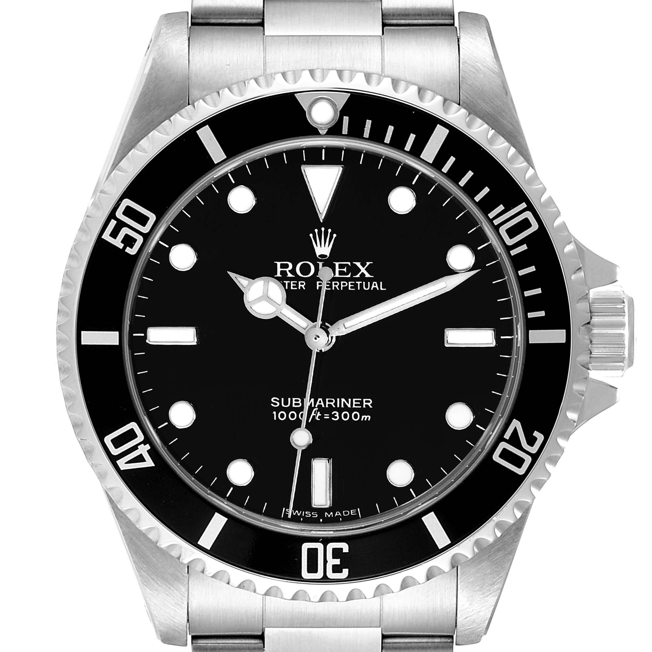 The image shows a front view of the dial and bezel of a Rolex Submariner 14060M Men's Stainless Steel Black Dial 14060M Men's Stainless Steel Black Dial watch.