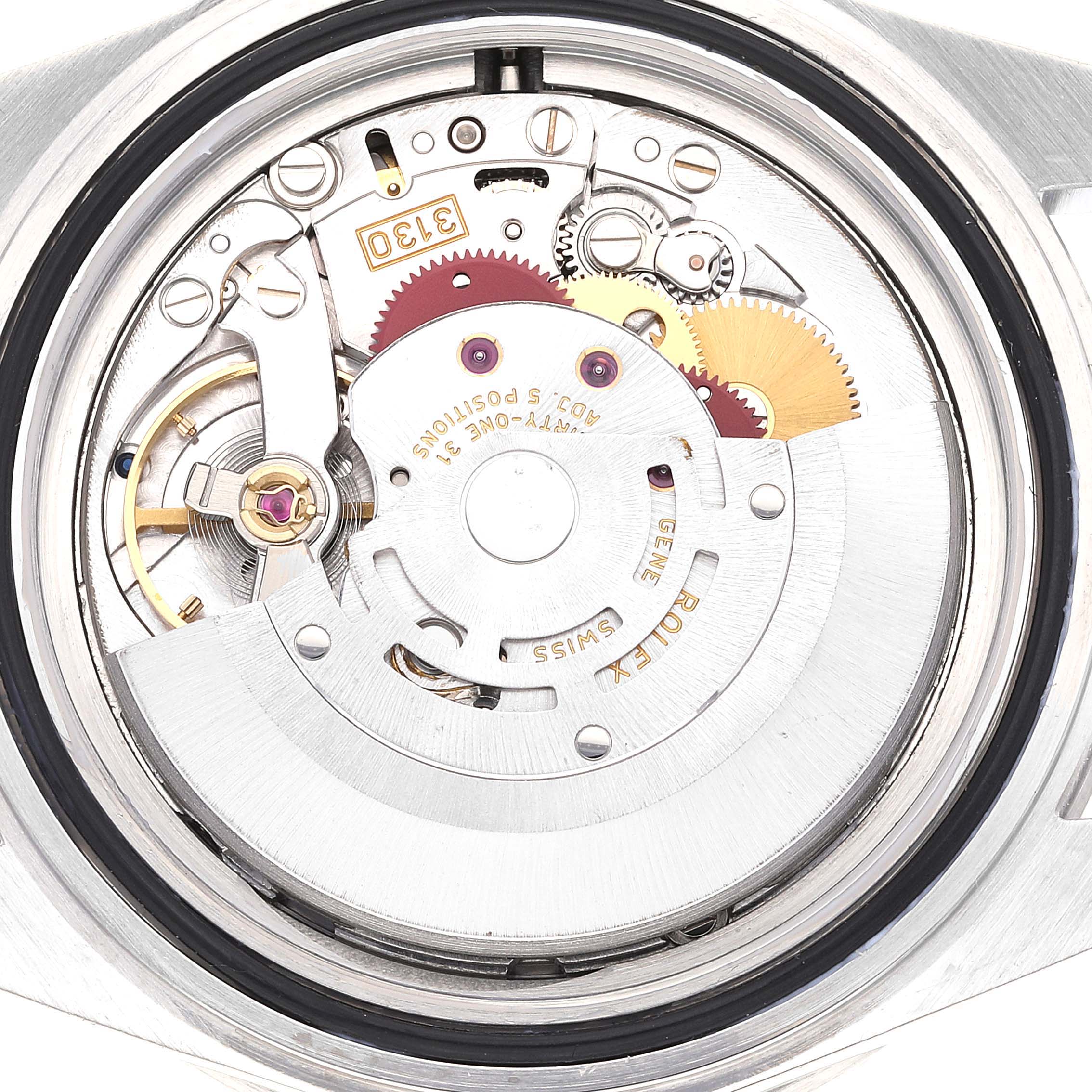 This image shows a close-up of the internal mechanism of a Rolex Submariner 14060M Men's Stainless Steel Black Dial 14060M Men's Stainless Steel Black Dial watch.