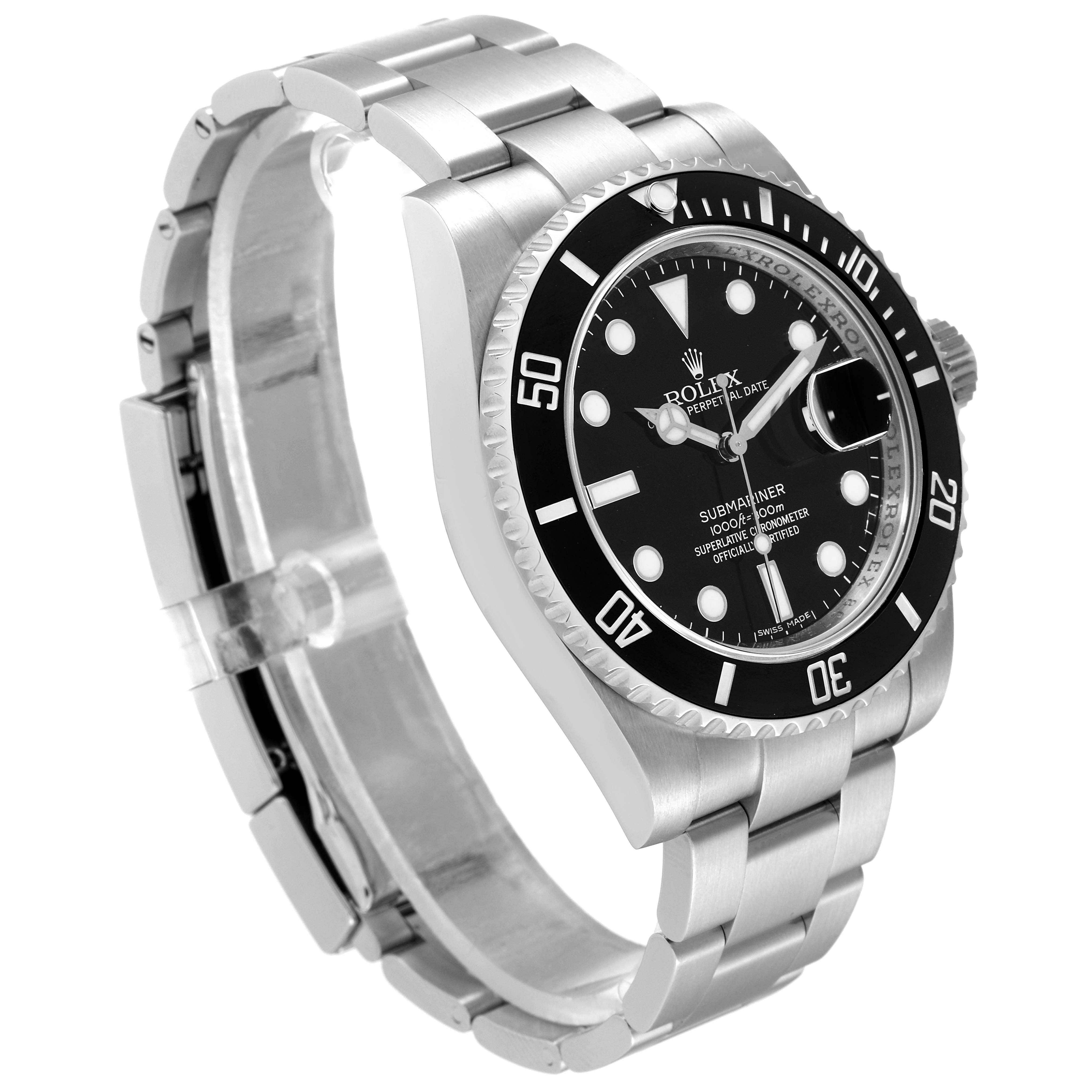 This image shows a Rolex Submariner 116610 Men's Stainless Steel Black Dial 116610 Men's Stainless Steel Black Dial watch from a three-quarter angle, highlighting the face, bezel, and part of the bracelet.