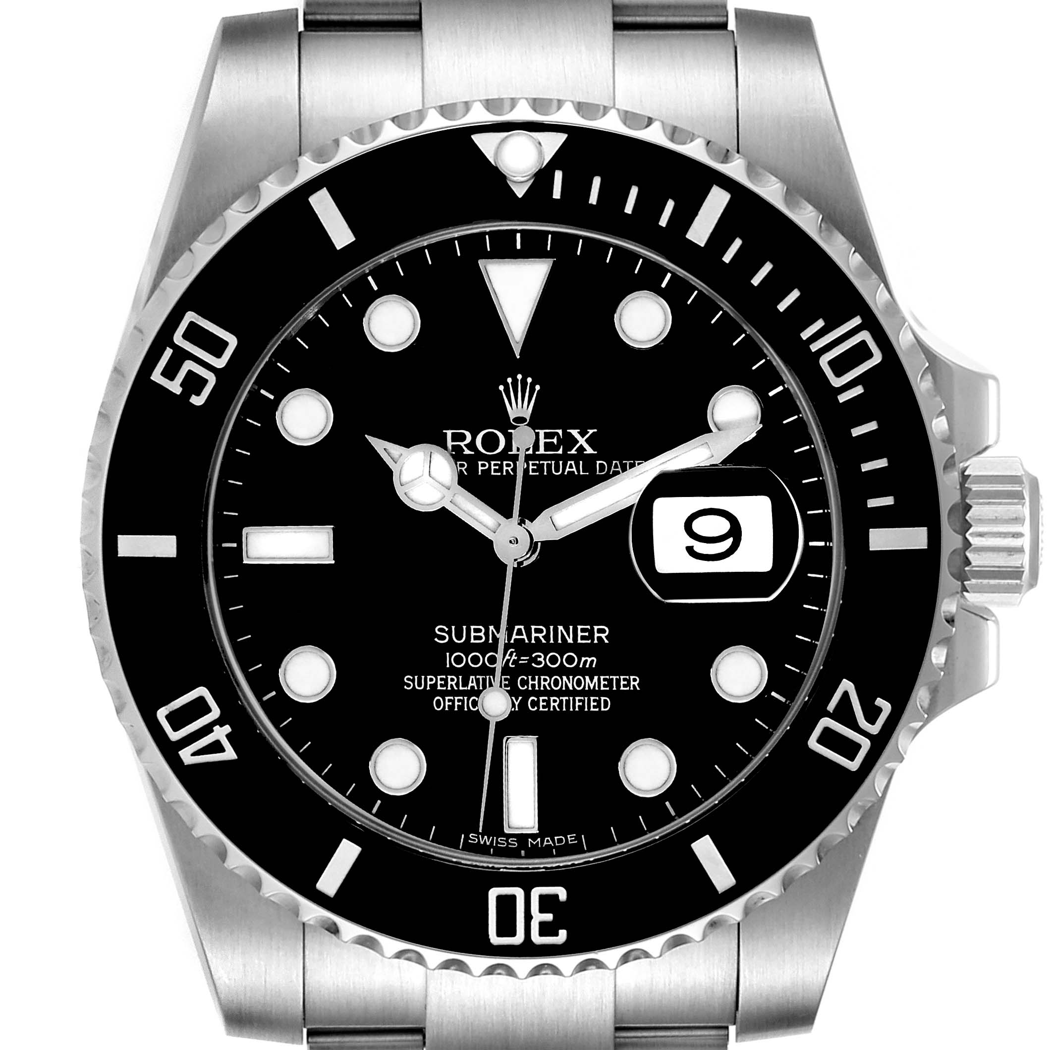 This image shows a front view of the Rolex Submariner 116610 Men's Stainless Steel Black Dial 116610 Men's Stainless Steel Black Dial watch, highlighting its dial, bezel, and date window.