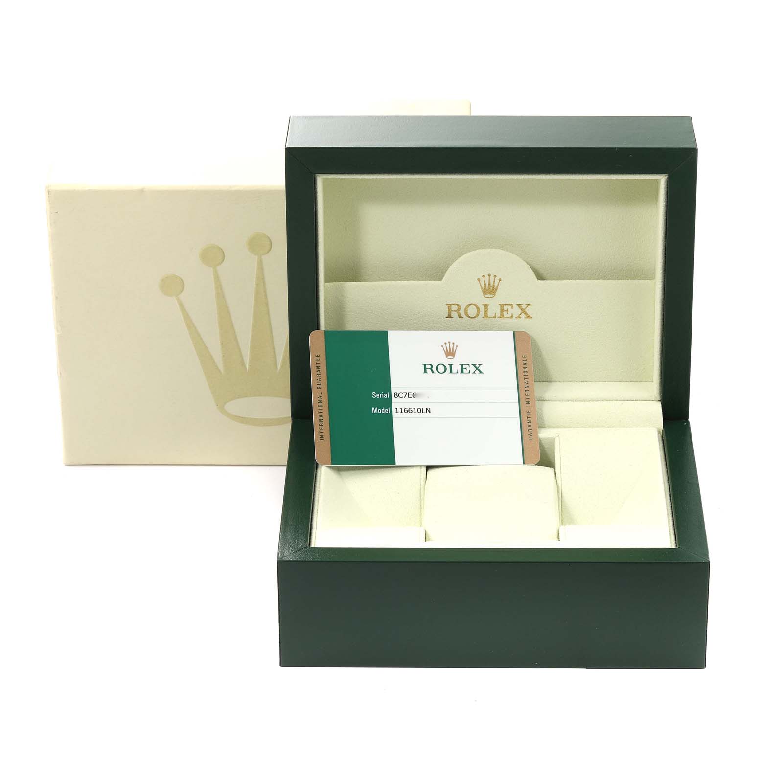 The image shows a Rolex Submariner 116610 Men's Stainless Steel Black Dial 116610 Men's Stainless Steel Black Dial model display box and warranty card, viewed from the front.