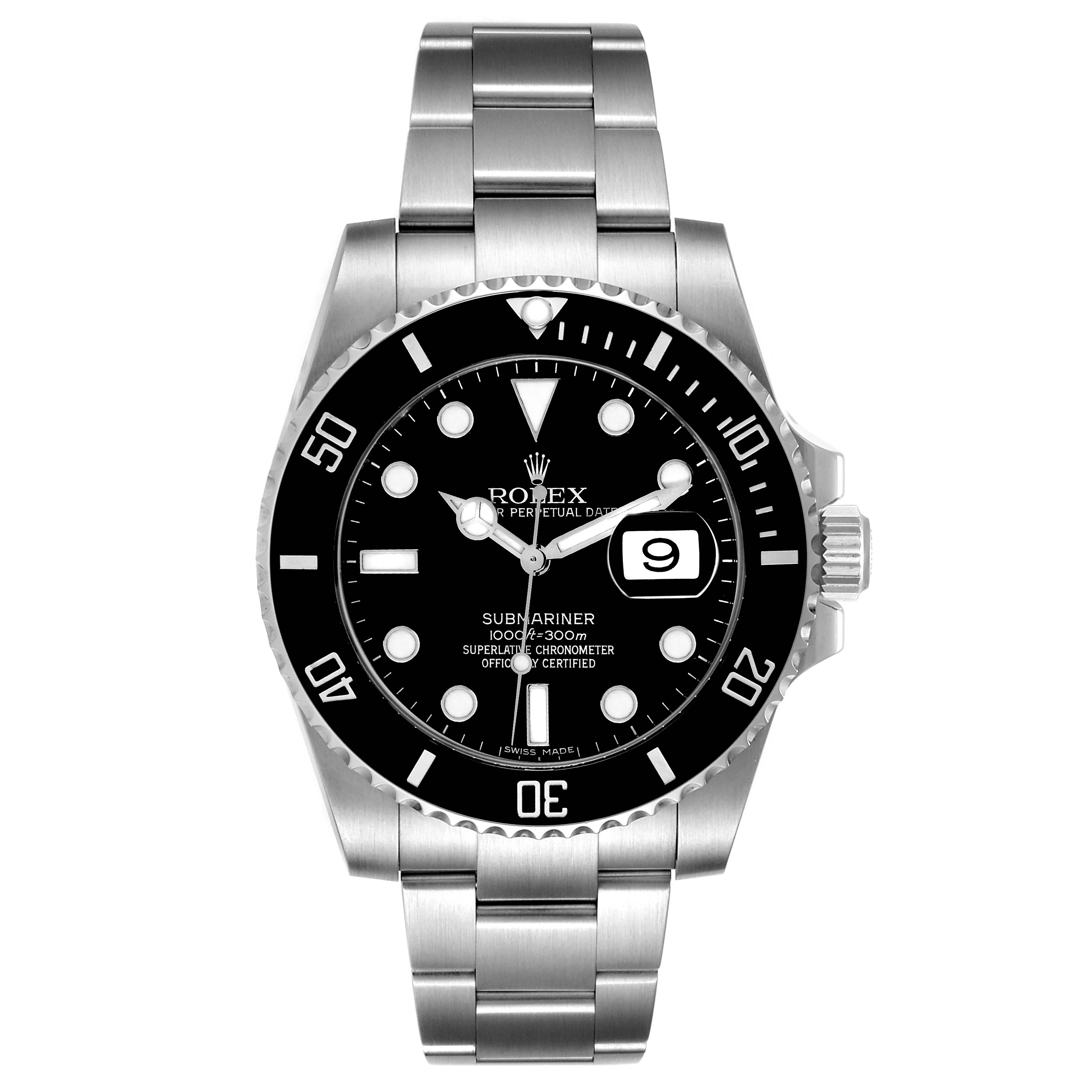 This image shows a full, front view of the Rolex Submariner 116610 Men's Stainless Steel Black Dial 116610 Men's Stainless Steel Black Dial watch, displaying the face, bezel, and bracelet.