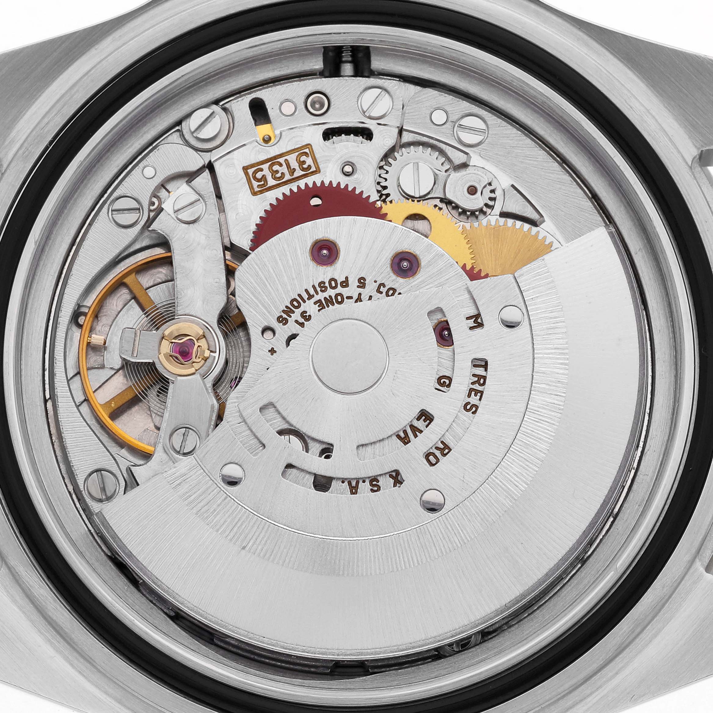 The image shows the backside interior view of the Rolex Submariner 16613 Men's Steel and Gold (two tone) Black Dial 16613 Men's Steel and Gold (two tone) Black Dial, highlighting its movement and intricate mechanisms.