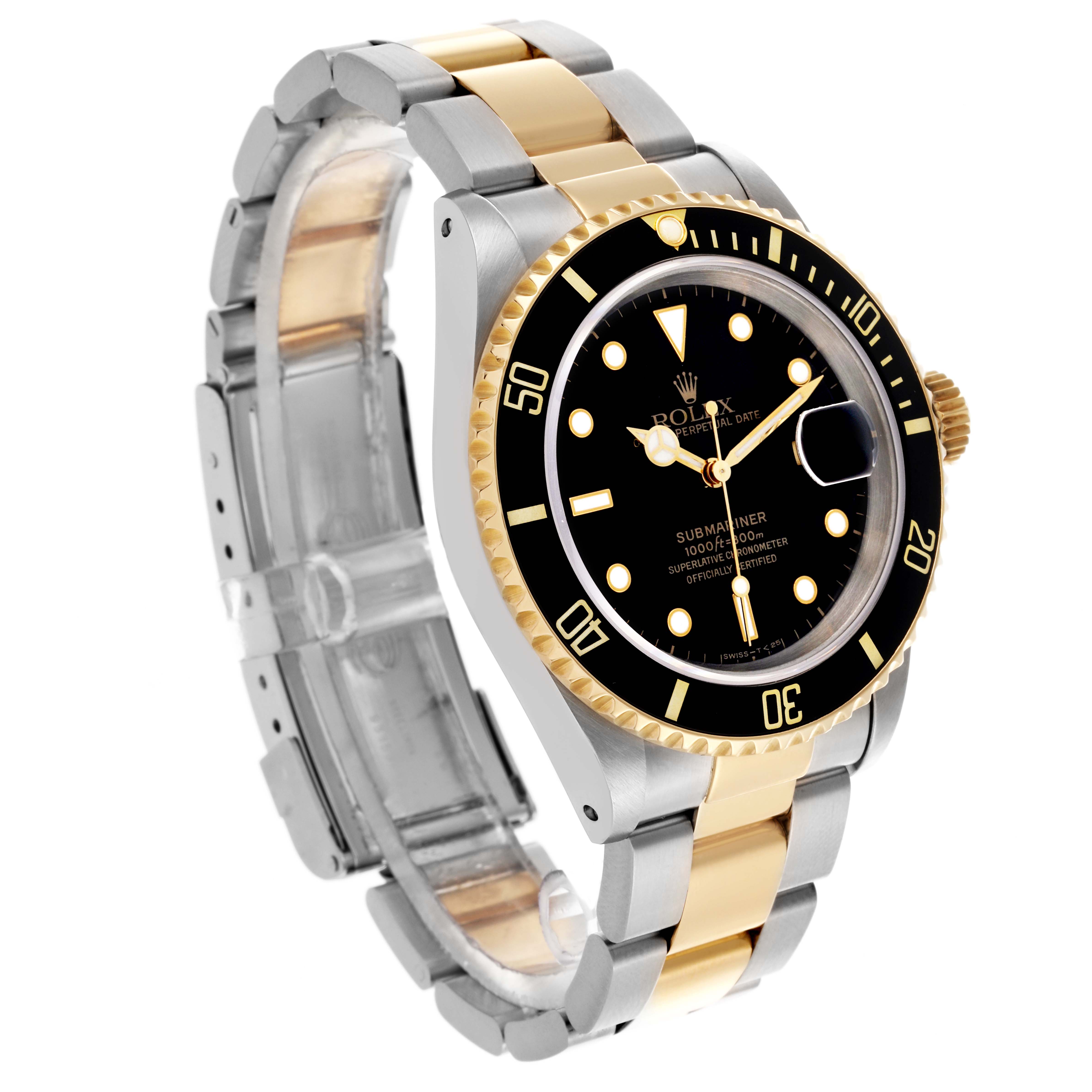 The Rolex Submariner 16613 Men's Steel and Gold (two tone) Black Dial 16613 Men's Steel and Gold (two tone) Black Dial watch is shown at a three-quarter angle, highlighting the bracelet and the black and gold bezel.