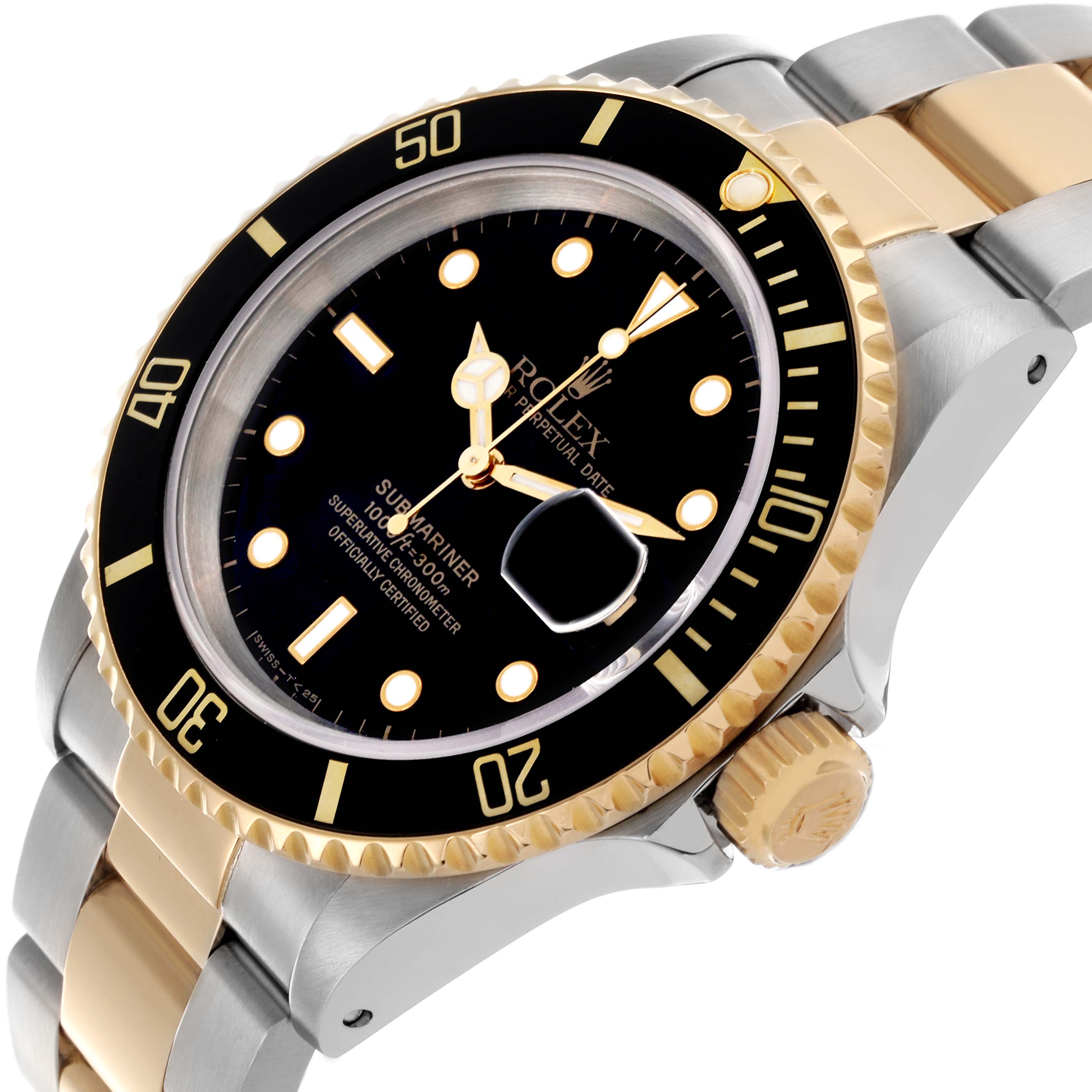 The Rolex Submariner 16613 Men's Steel and Gold (two tone) Black Dial 16613 Men's Steel and Gold (two tone) Black Dial watch is shown from a side angle, highlighting the bezel, crown, and bracelet.