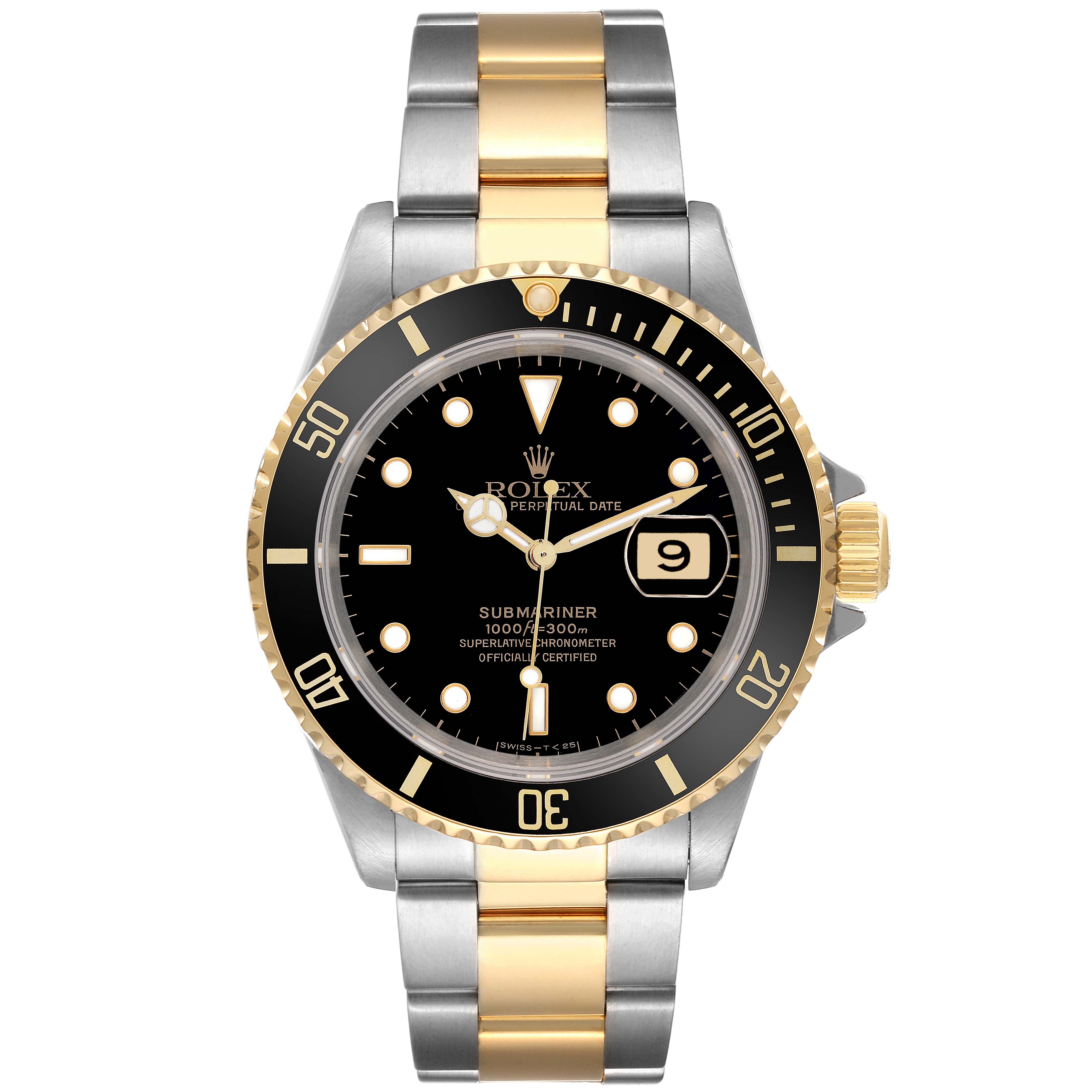 The Rolex Submariner 16613 Men's Steel and Gold (two tone) Black Dial 16613 Men's Steel and Gold (two tone) Black Dial watch is shown from the front, displaying the face, bezel, and bracelet.